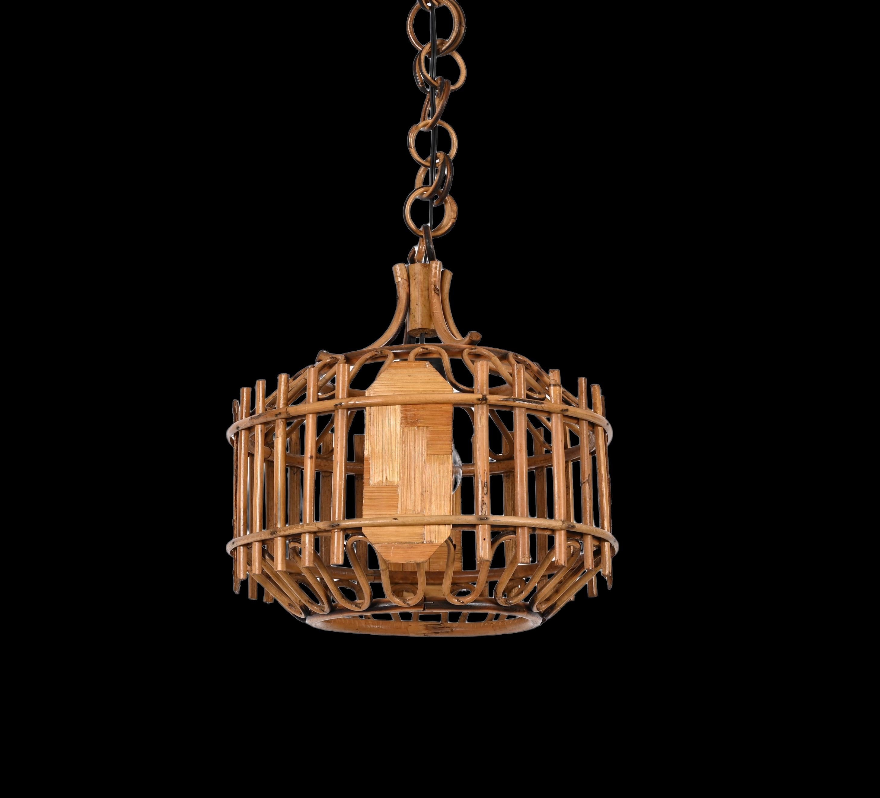 Midcentury French Riviera Bambo and Rattan Rounded Italian Chandelier, 1960s For Sale 11