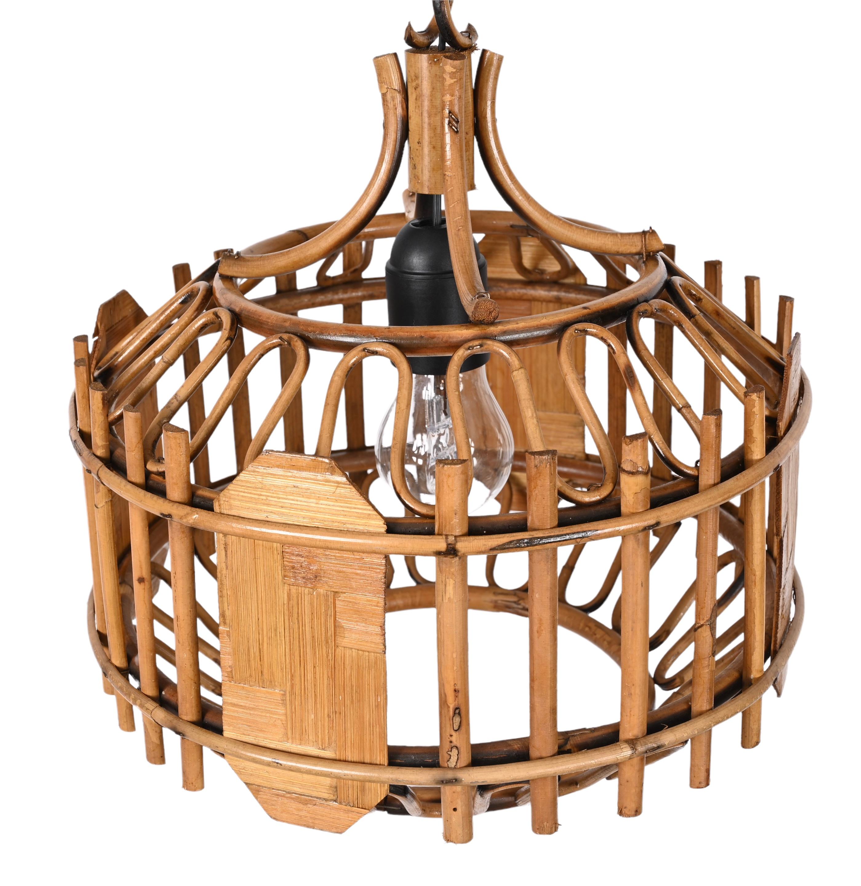 20th Century Midcentury French Riviera Bambo and Rattan Rounded Italian Chandelier, 1960s For Sale