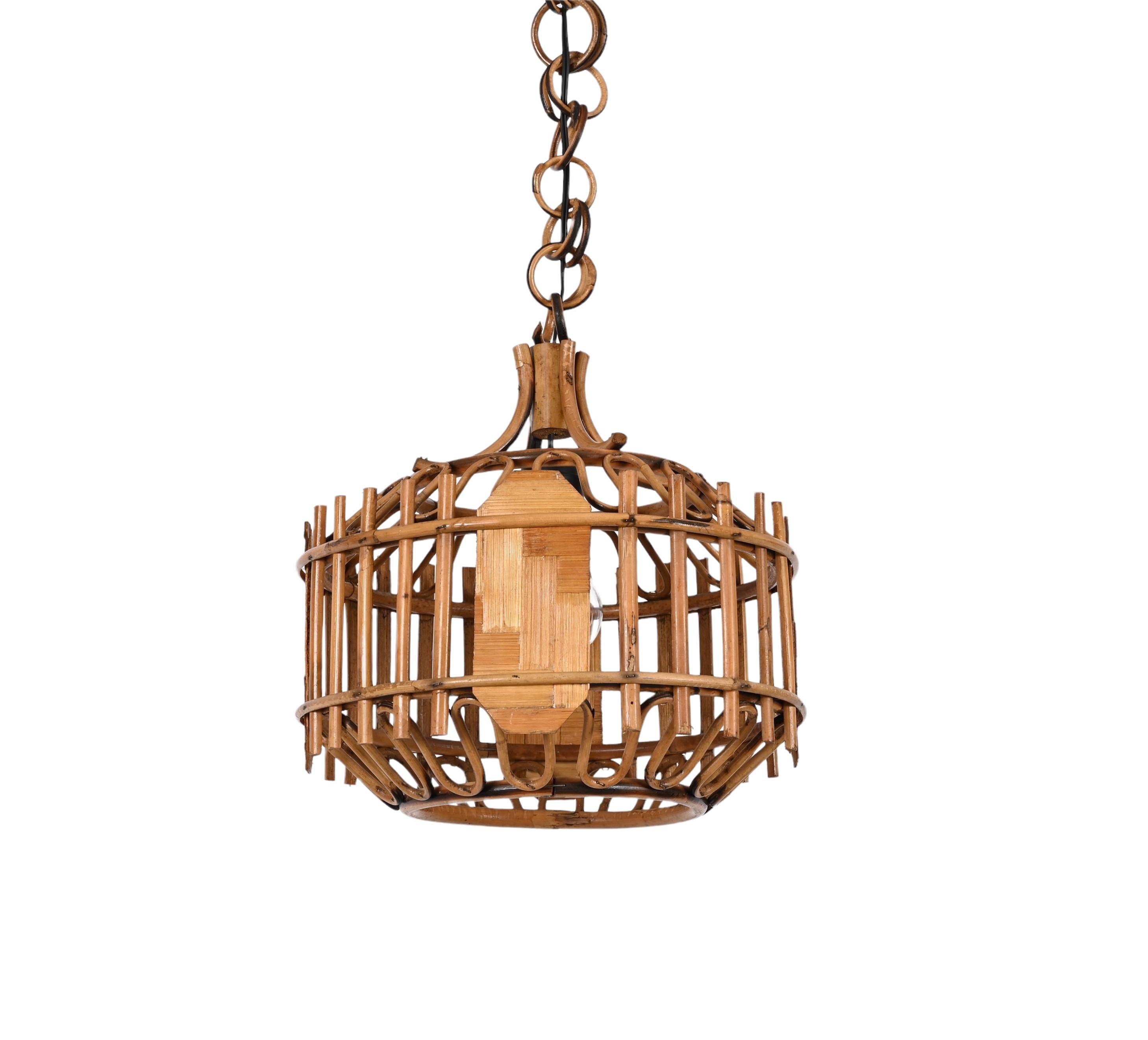 Midcentury French Riviera Bambo and Rattan Rounded Italian Chandelier, 1960s For Sale 1