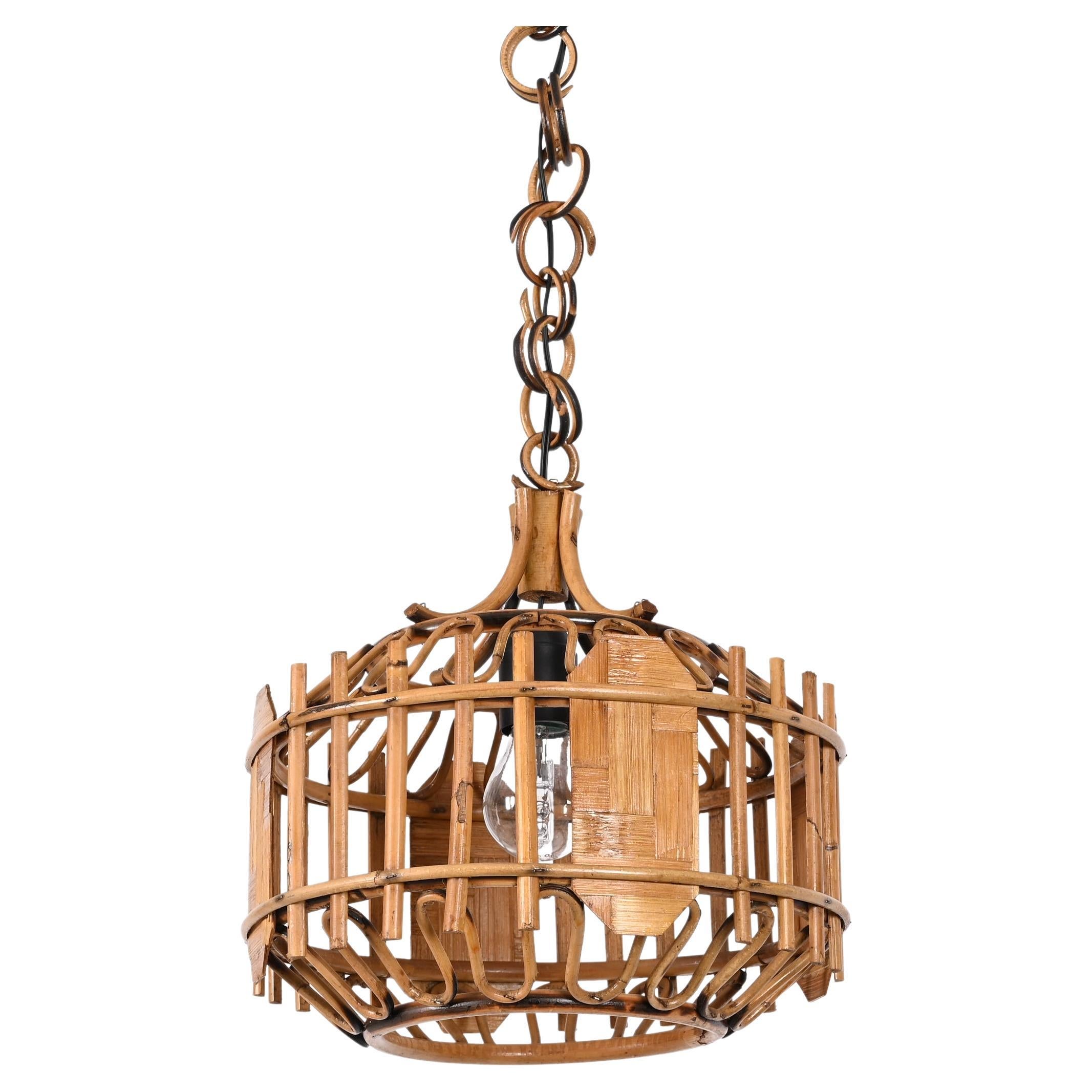 Midcentury French Riviera Bambo and Rattan Rounded Italian Chandelier, 1960s For Sale