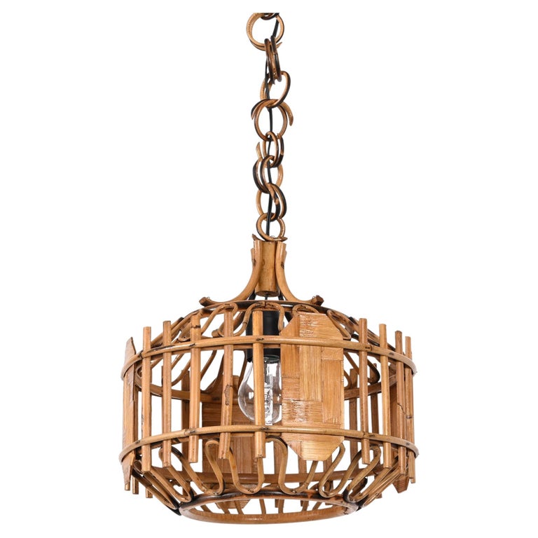 Midcentury French Riviera Bambo and Rattan Rounded Italian Chandelier,  1960s For Sale at 1stDibs