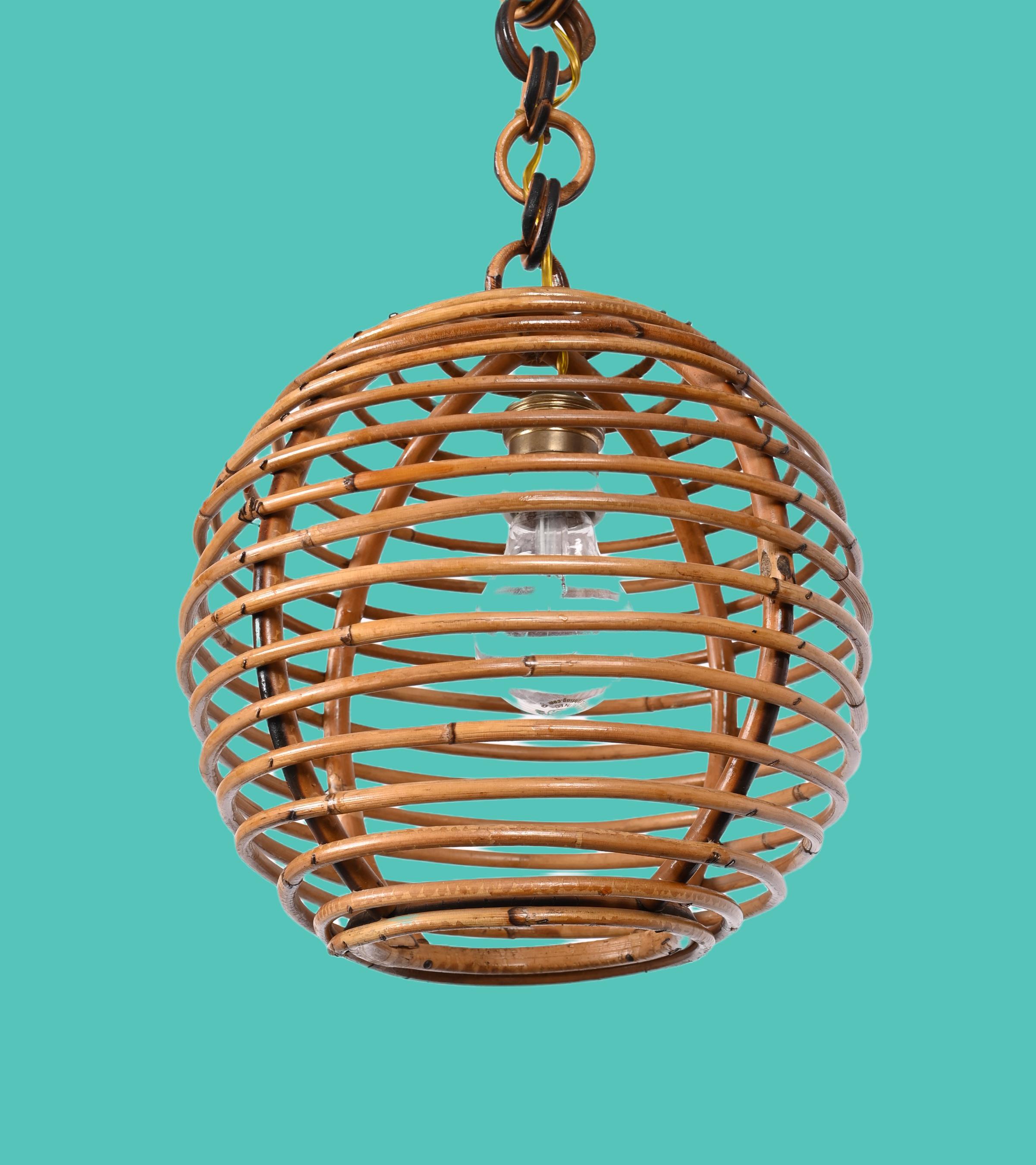 Midcentury French Riviera Bambo and Rattan Spherical Italian Chandelier, 1960s For Sale 4