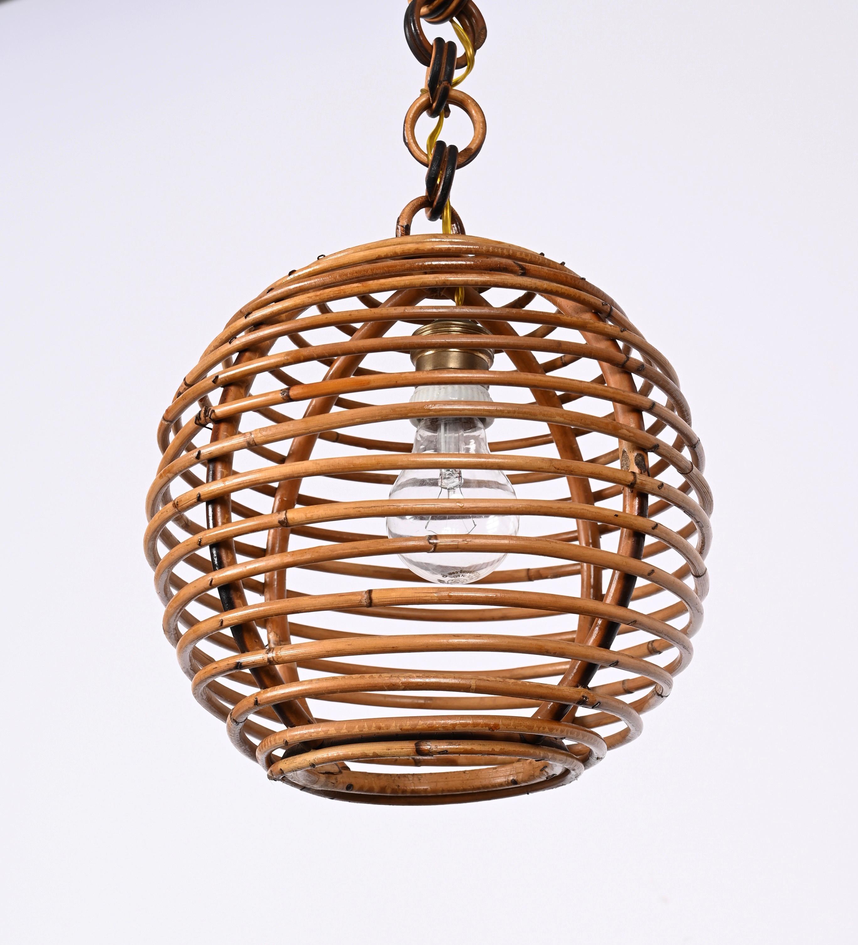Midcentury French Riviera Bambo and Rattan Spherical Italian Chandelier, 1960s For Sale 5