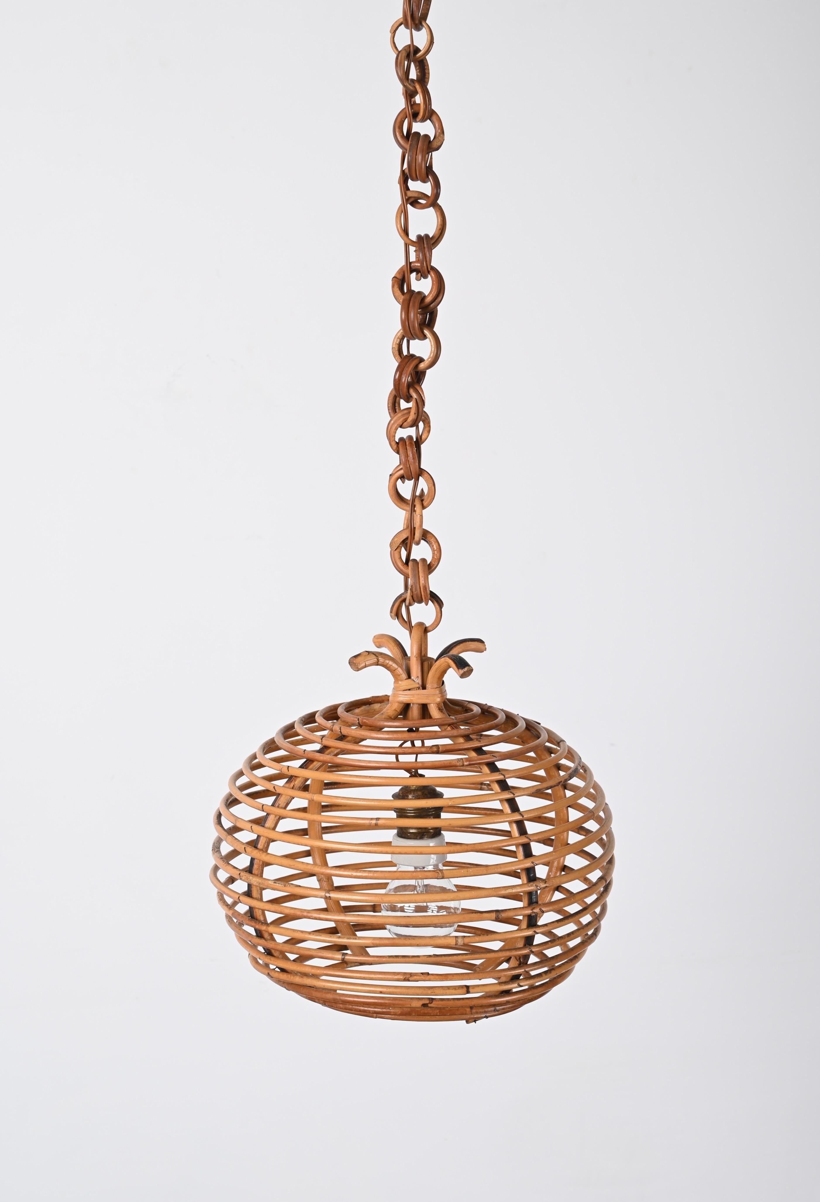 Midcentury French Riviera Bambo and Rattan Spherical Italian Chandelier, 1960s For Sale 5