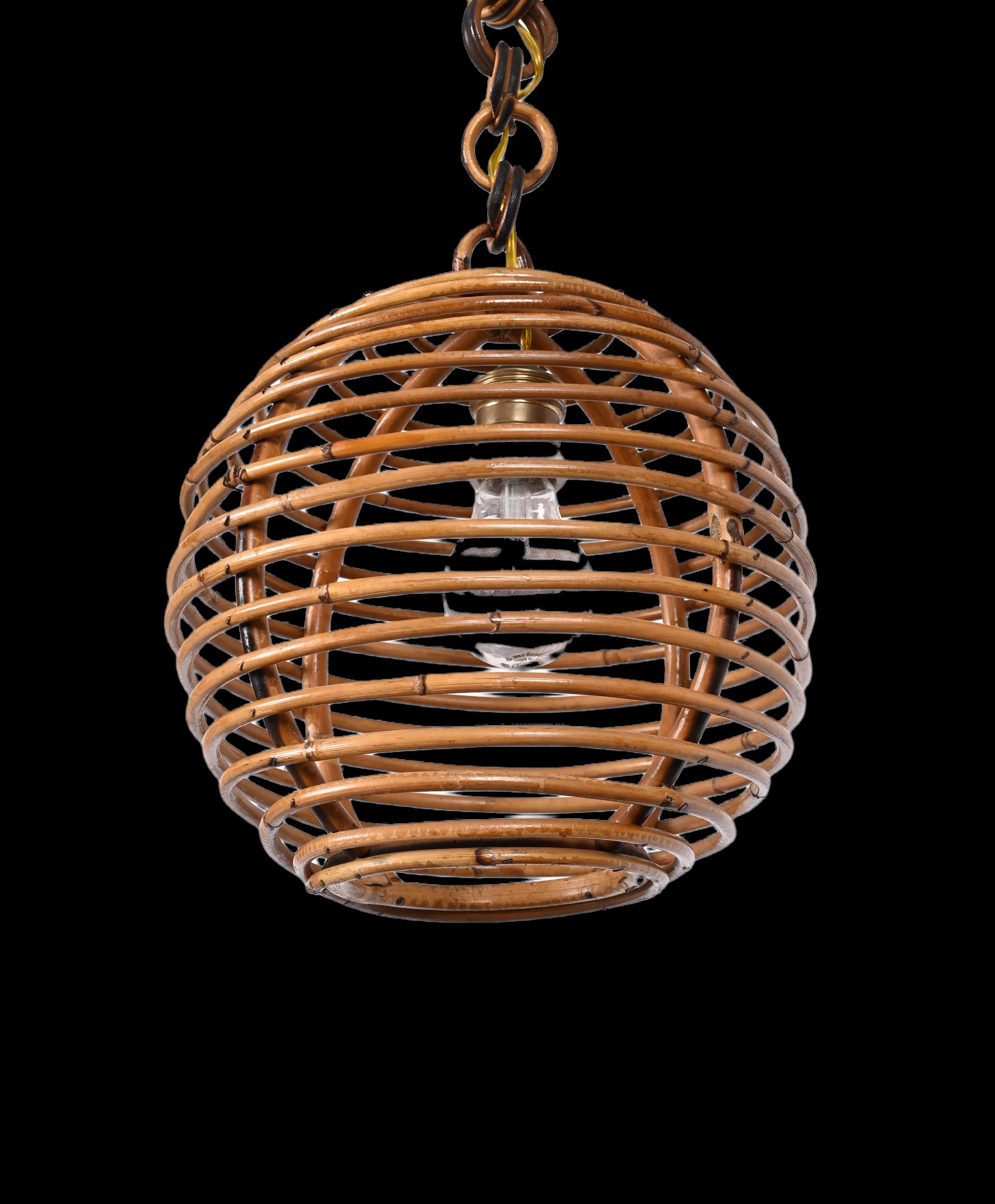 Midcentury French Riviera Bambo and Rattan Spherical Italian Chandelier, 1960s For Sale 6