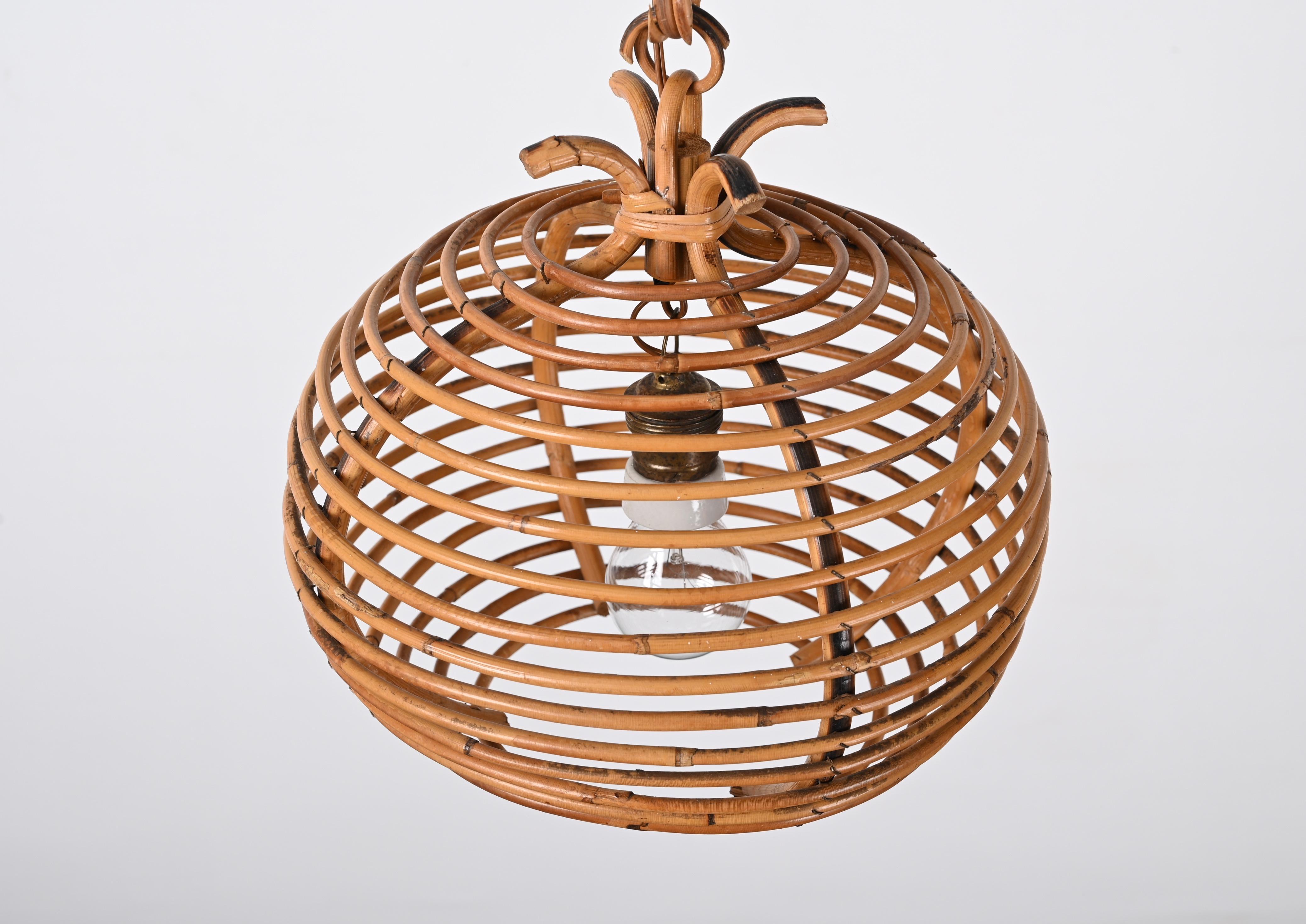 Midcentury French Riviera Bambo and Rattan Spherical Italian Chandelier, 1960s For Sale 6