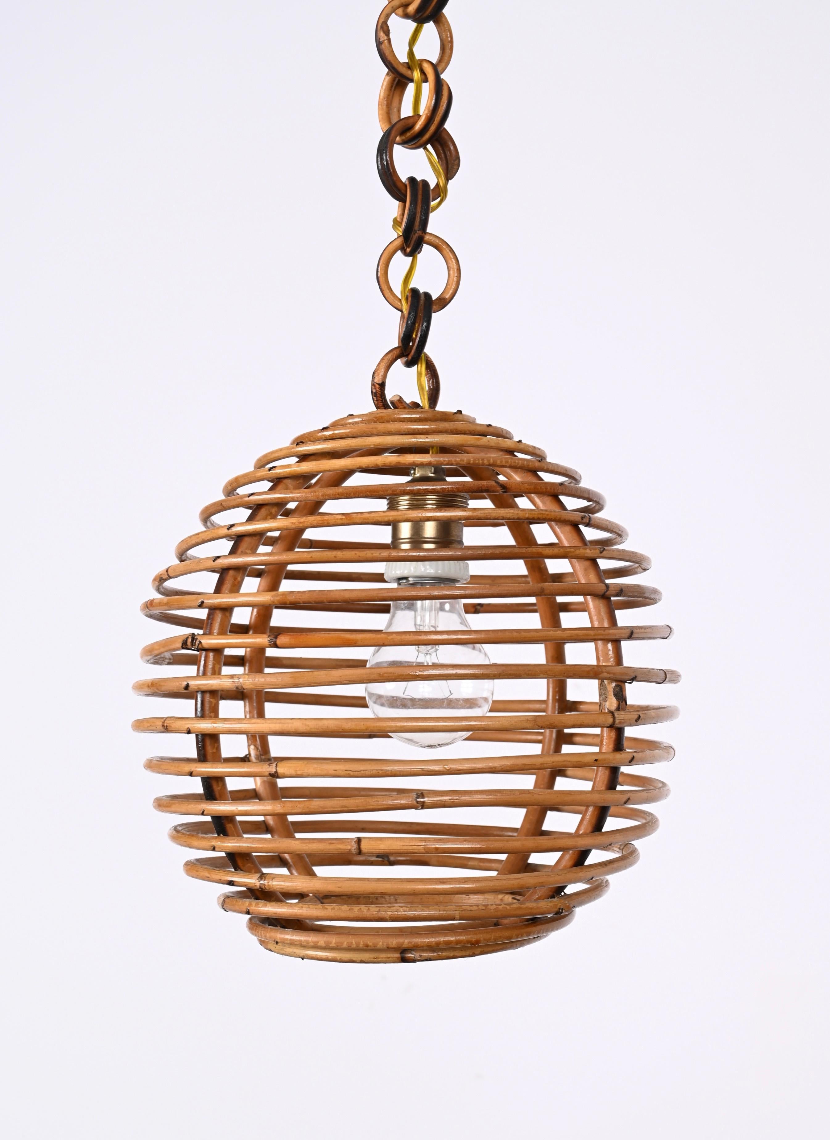 Midcentury French Riviera Bambo and Rattan Spherical Italian Chandelier, 1960s For Sale 7
