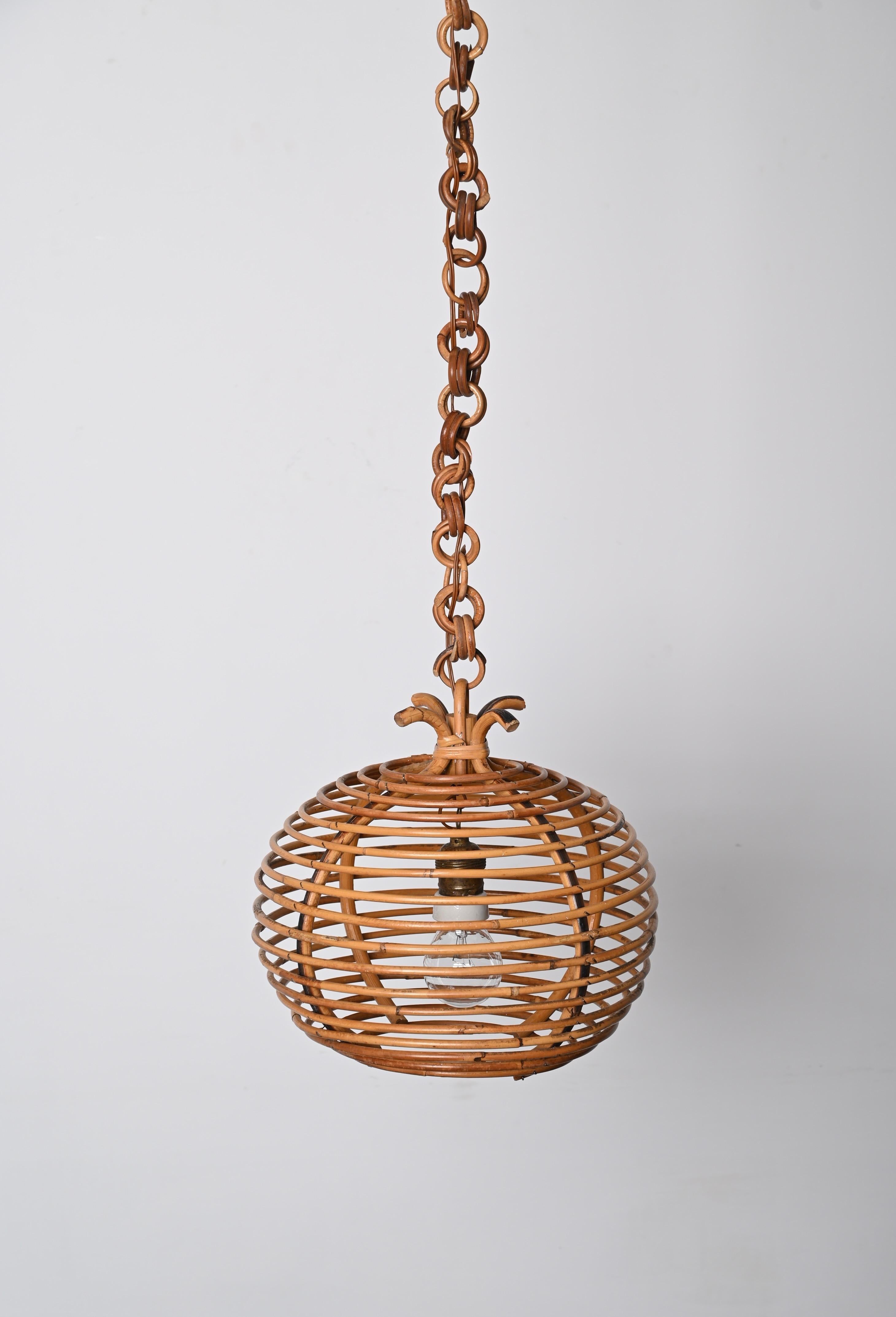 Midcentury French Riviera Bambo and Rattan Spherical Italian Chandelier, 1960s For Sale 7