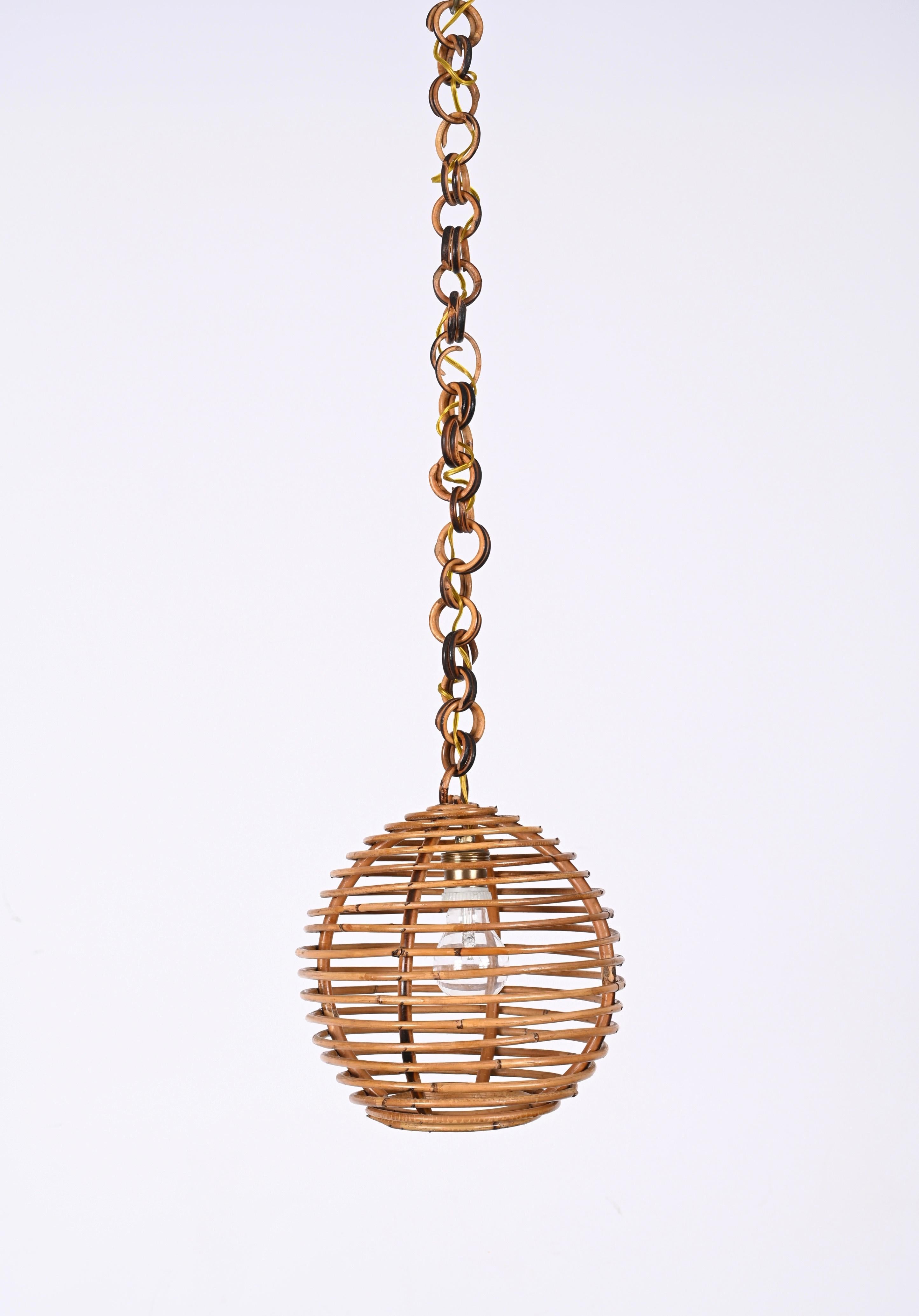 Midcentury French Riviera Bambo and Rattan Spherical Italian Chandelier, 1960s For Sale 8