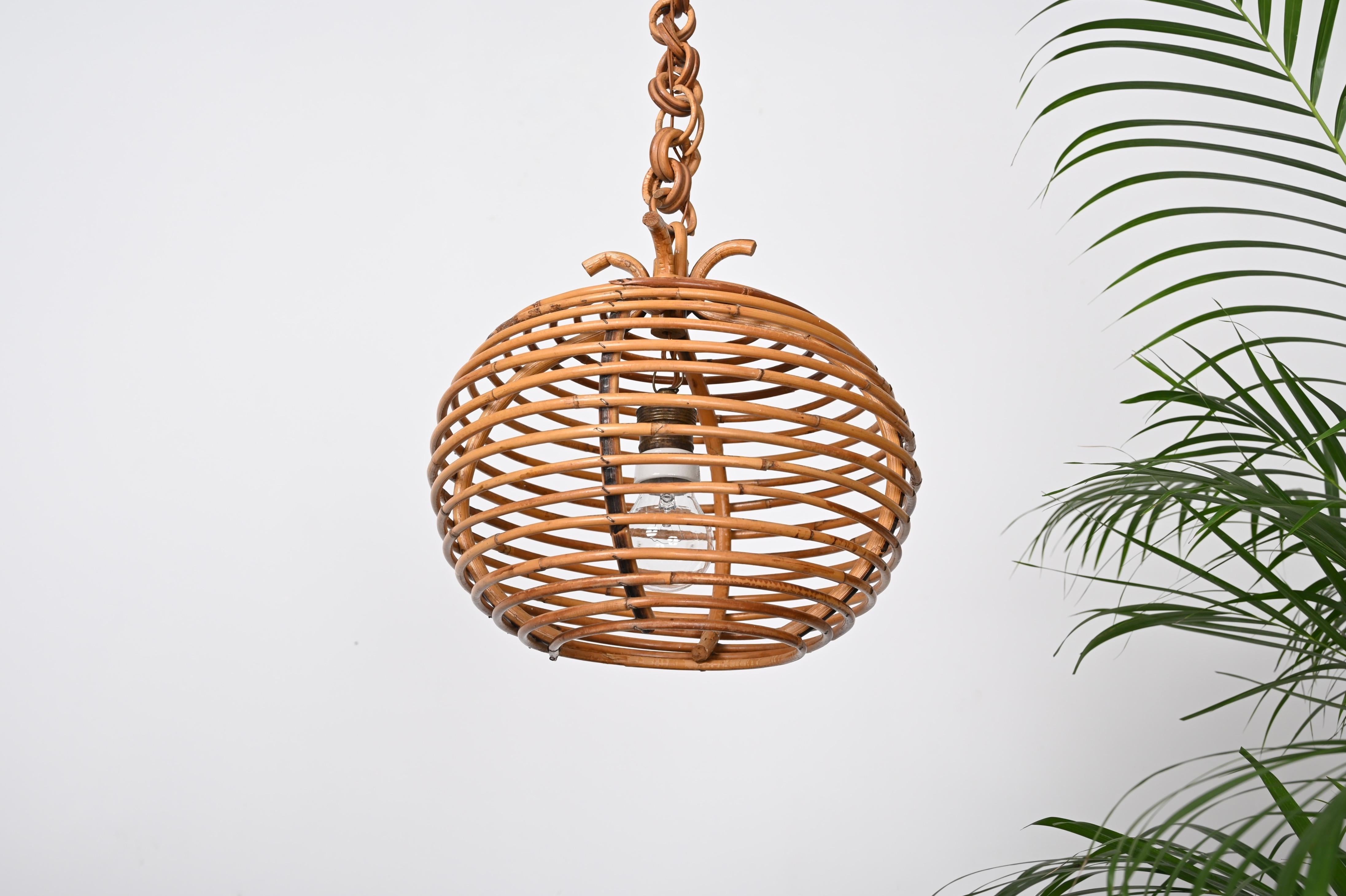 Midcentury French Riviera Bambo and Rattan Spherical Italian Chandelier, 1960s For Sale 8