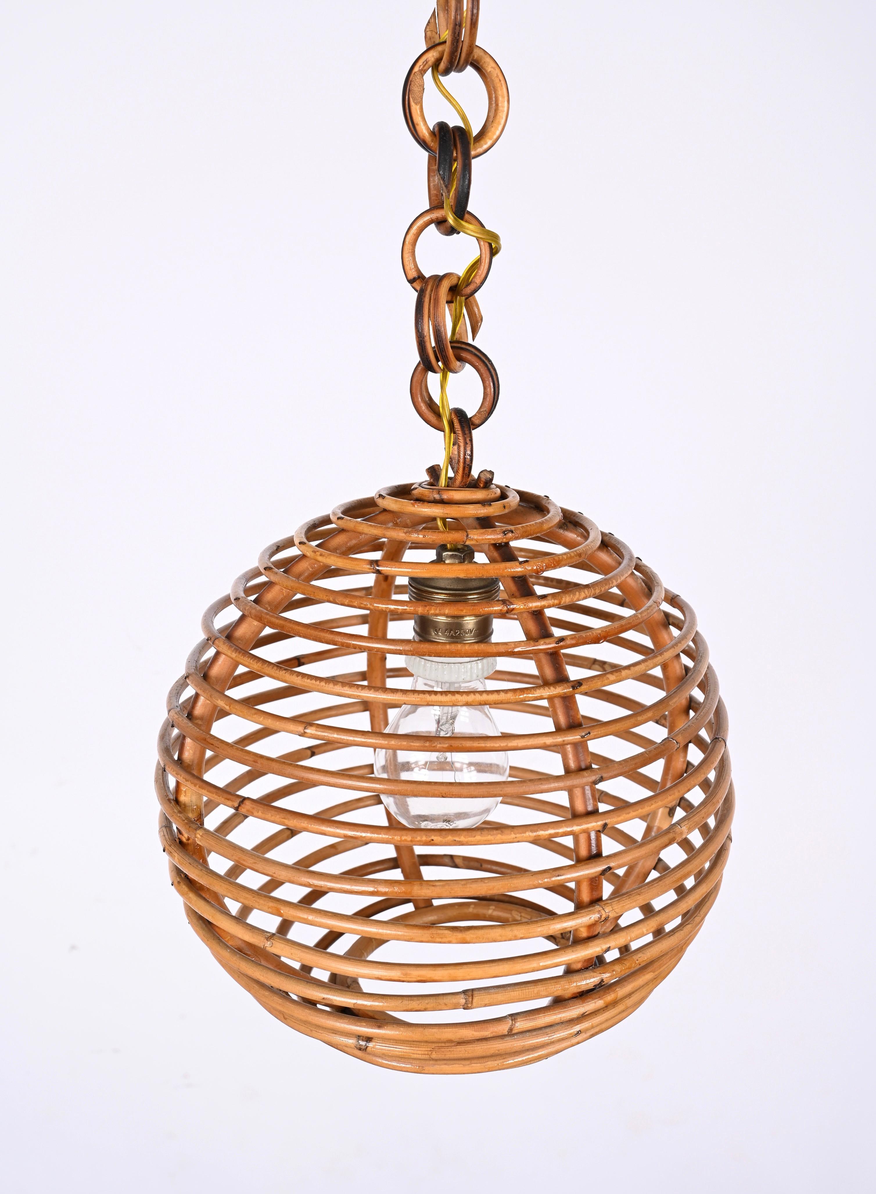 Midcentury French Riviera Bambo and Rattan Spherical Italian Chandelier, 1960s For Sale 9