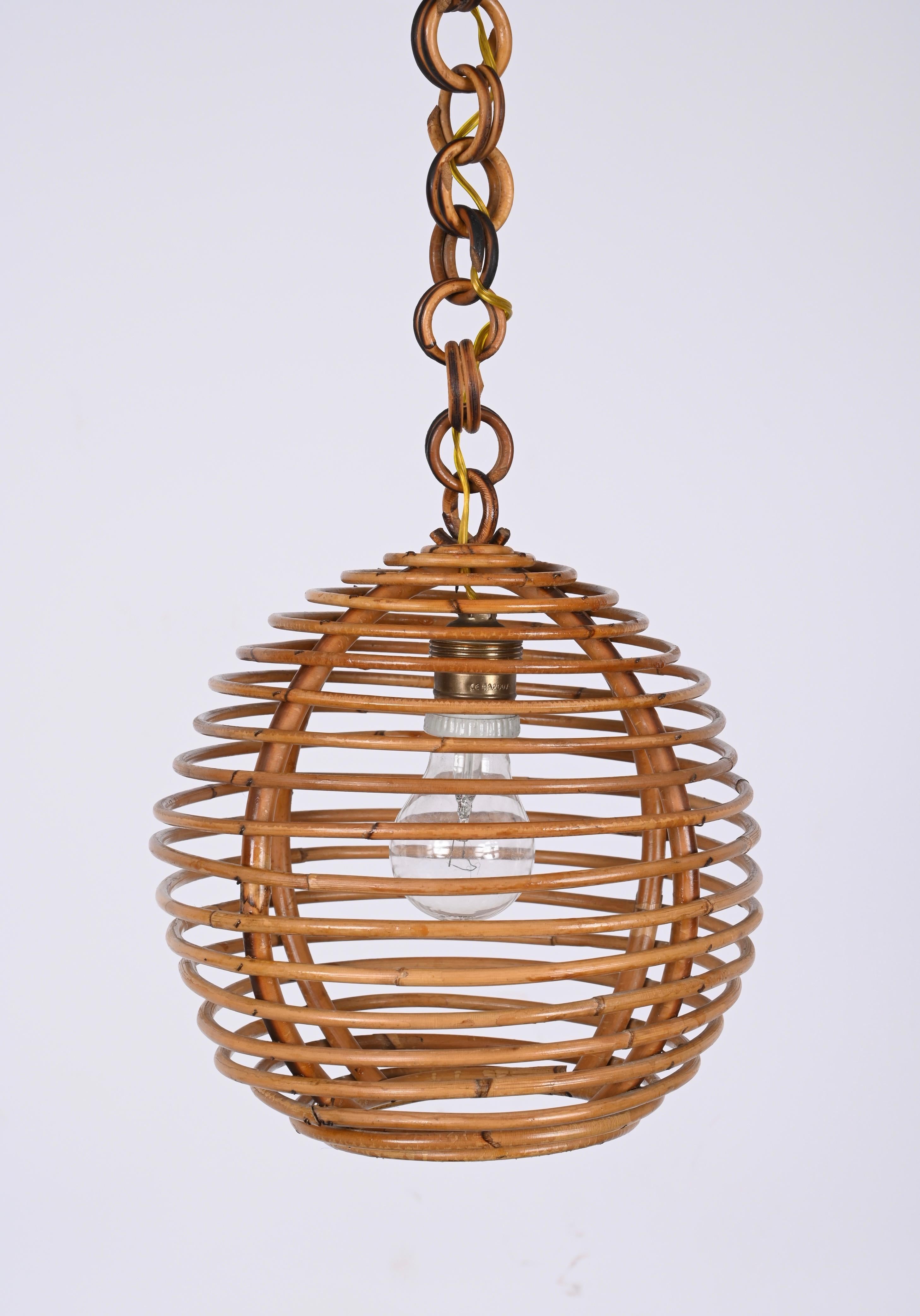 Midcentury French Riviera Bambo and Rattan Spherical Italian Chandelier, 1960s For Sale 11