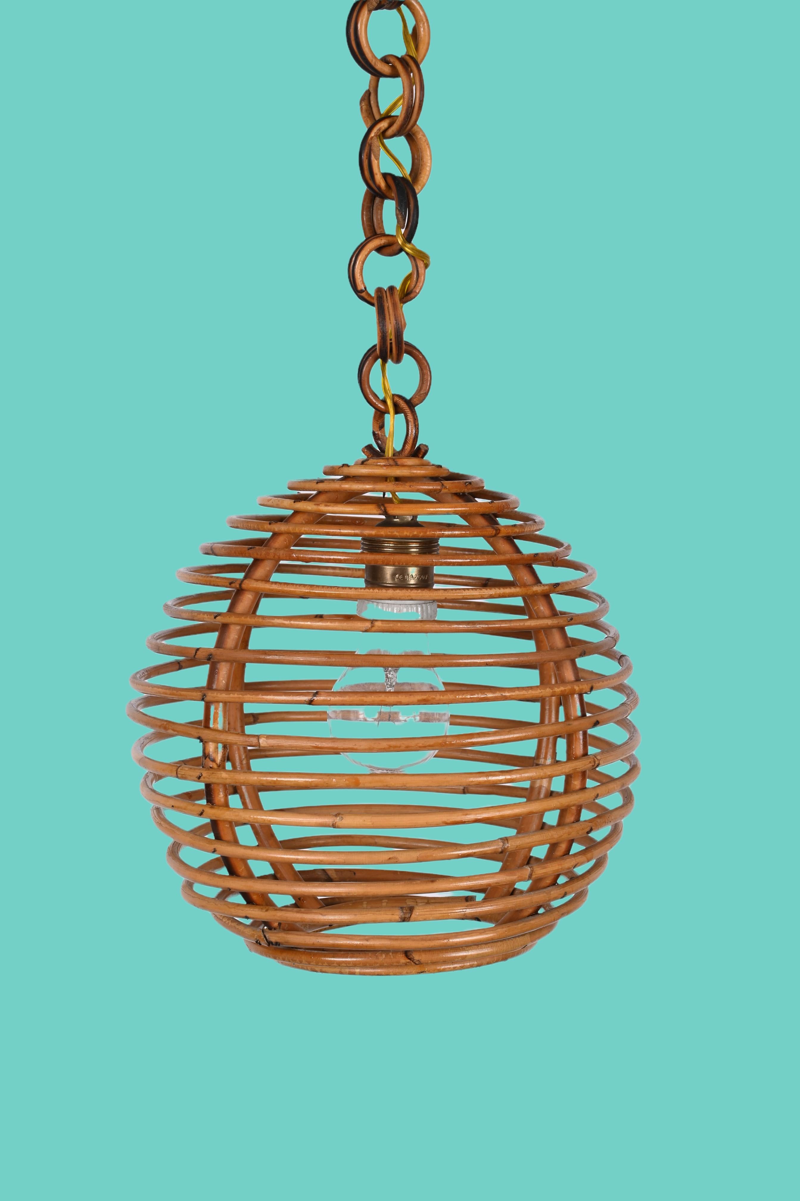 Midcentury French Riviera Bambo and Rattan Spherical Italian Chandelier, 1960s For Sale 12