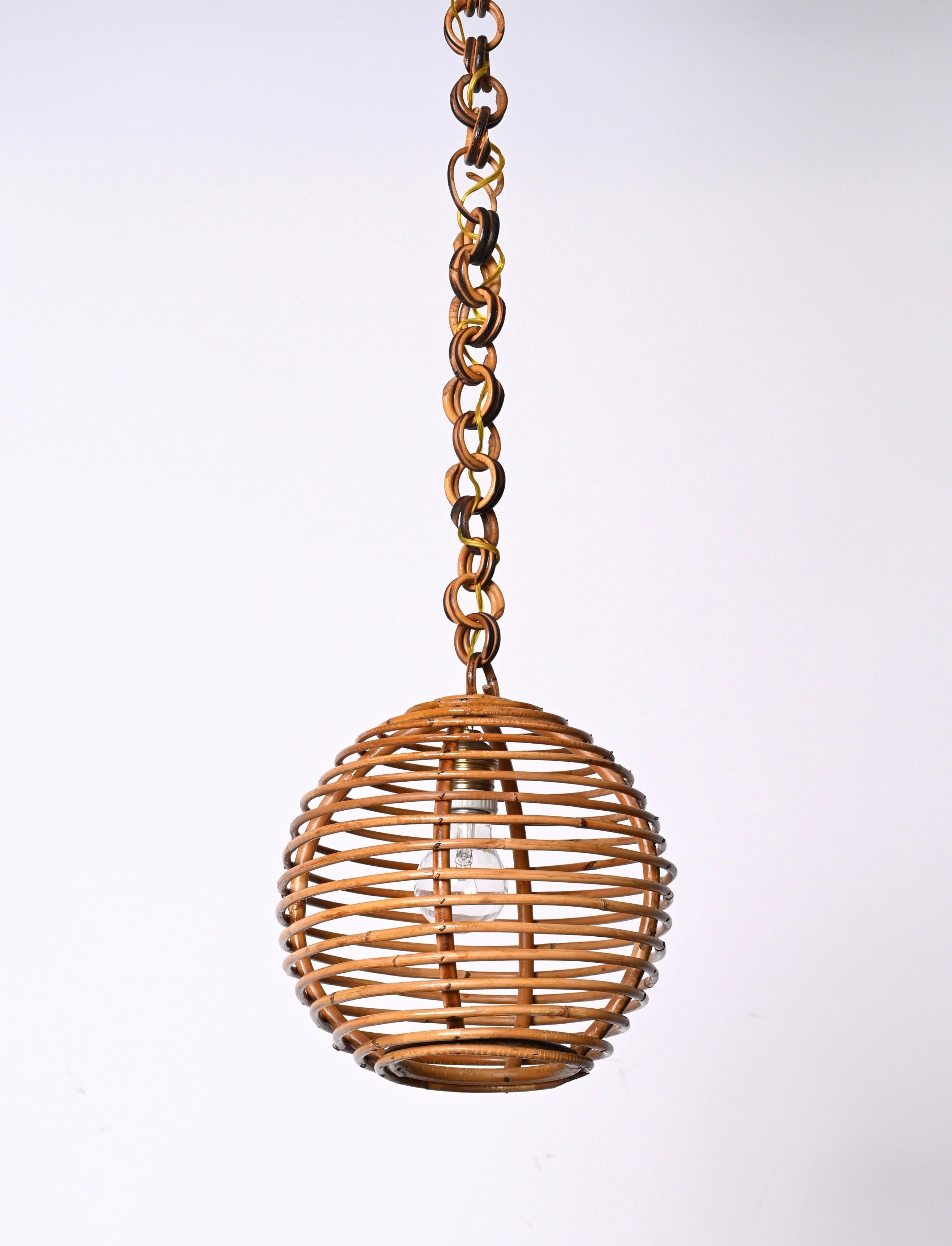 Midcentury French Riviera Bambo and Rattan Spherical Italian Chandelier, 1960s For Sale 13