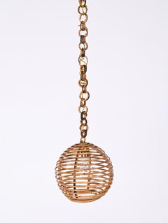 Midcentury French Riviera Bambo and Rattan Spherical Italian Chandelier, 1960s