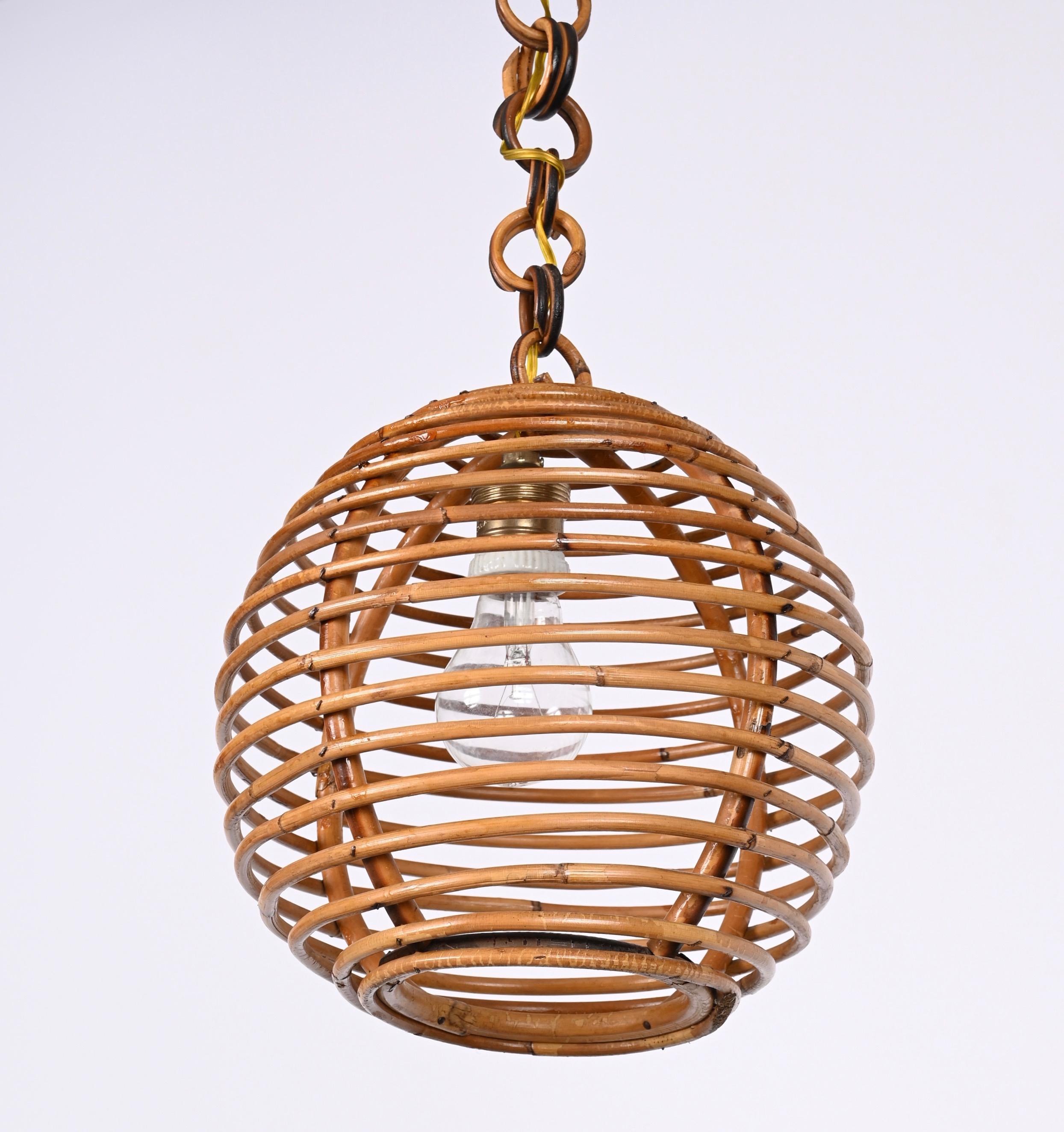 Midcentury French Riviera Bambo and Rattan Spherical Italian Chandelier, 1960s For Sale 14