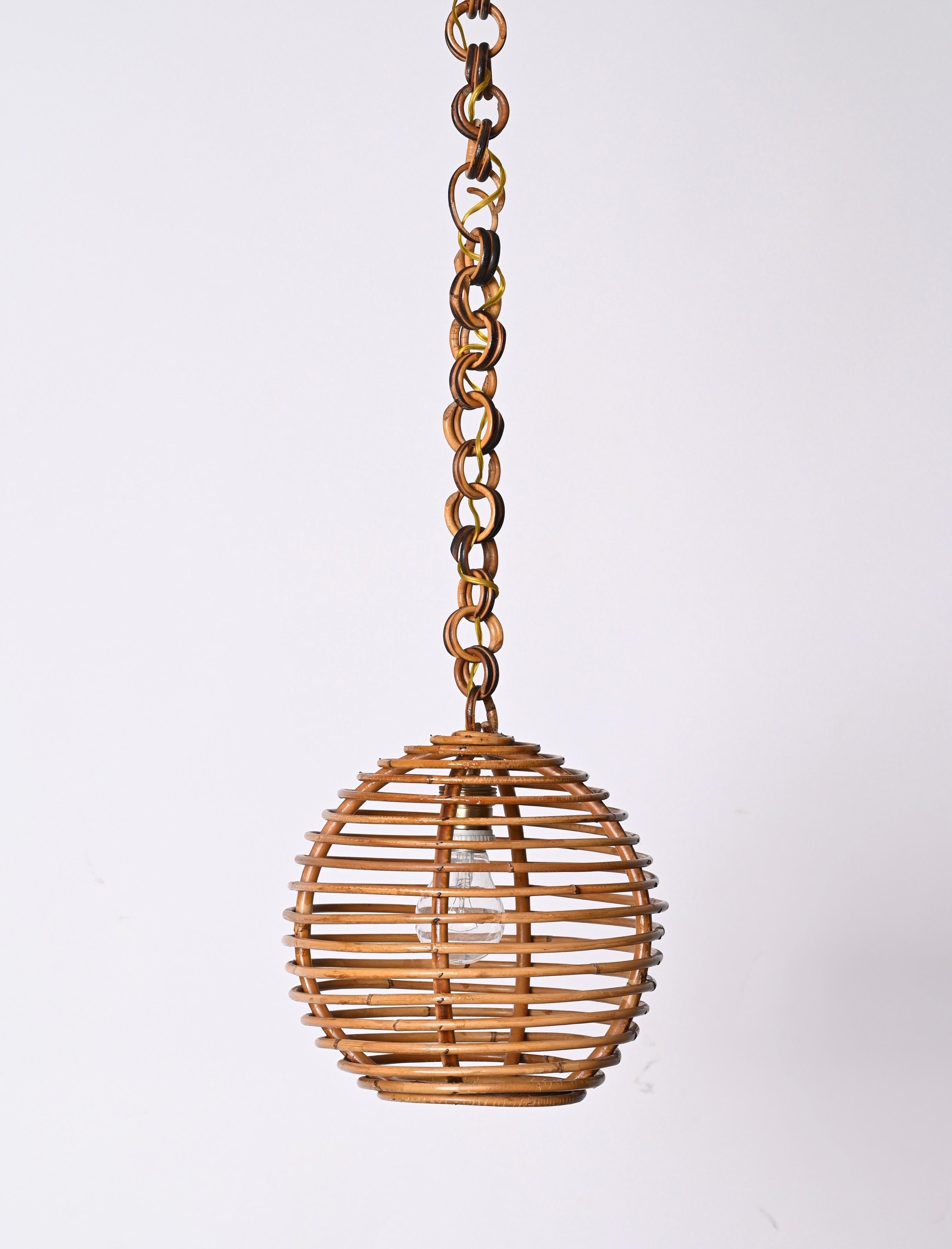 Mid-Century Modern Midcentury French Riviera Bambo and Rattan Spherical Italian Chandelier, 1960s For Sale