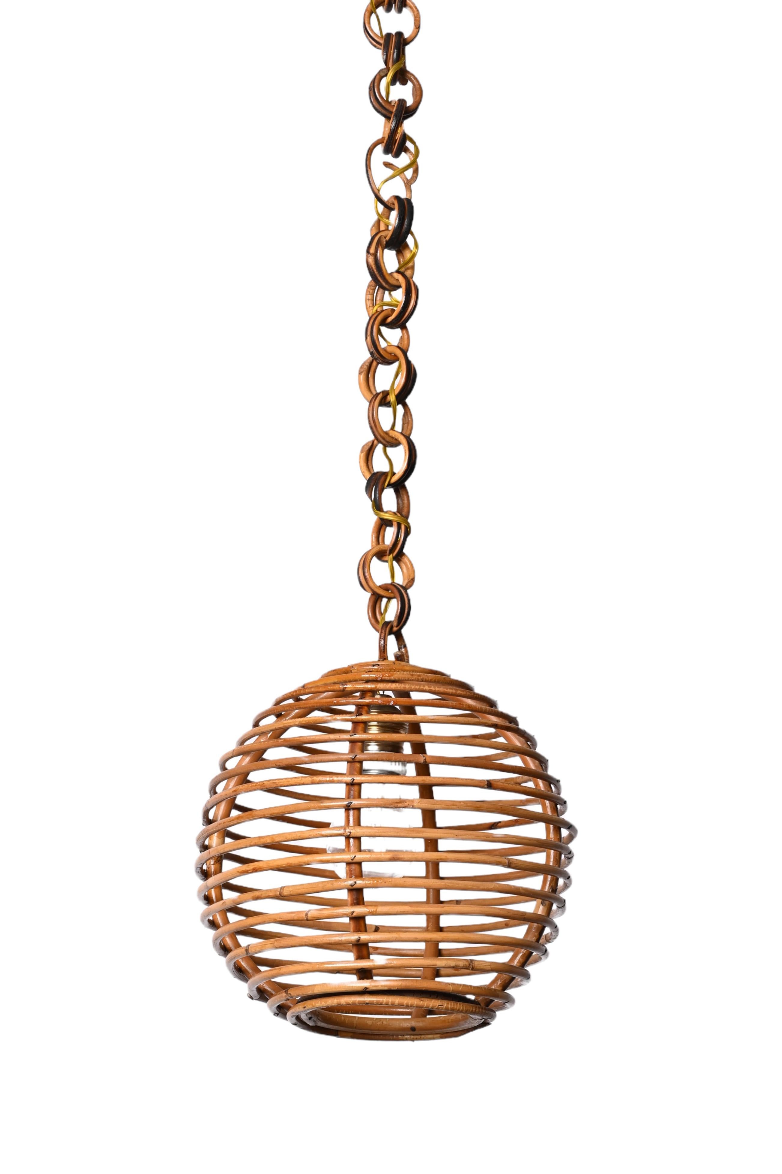 20th Century Midcentury French Riviera Bambo and Rattan Spherical Italian Chandelier, 1960s For Sale