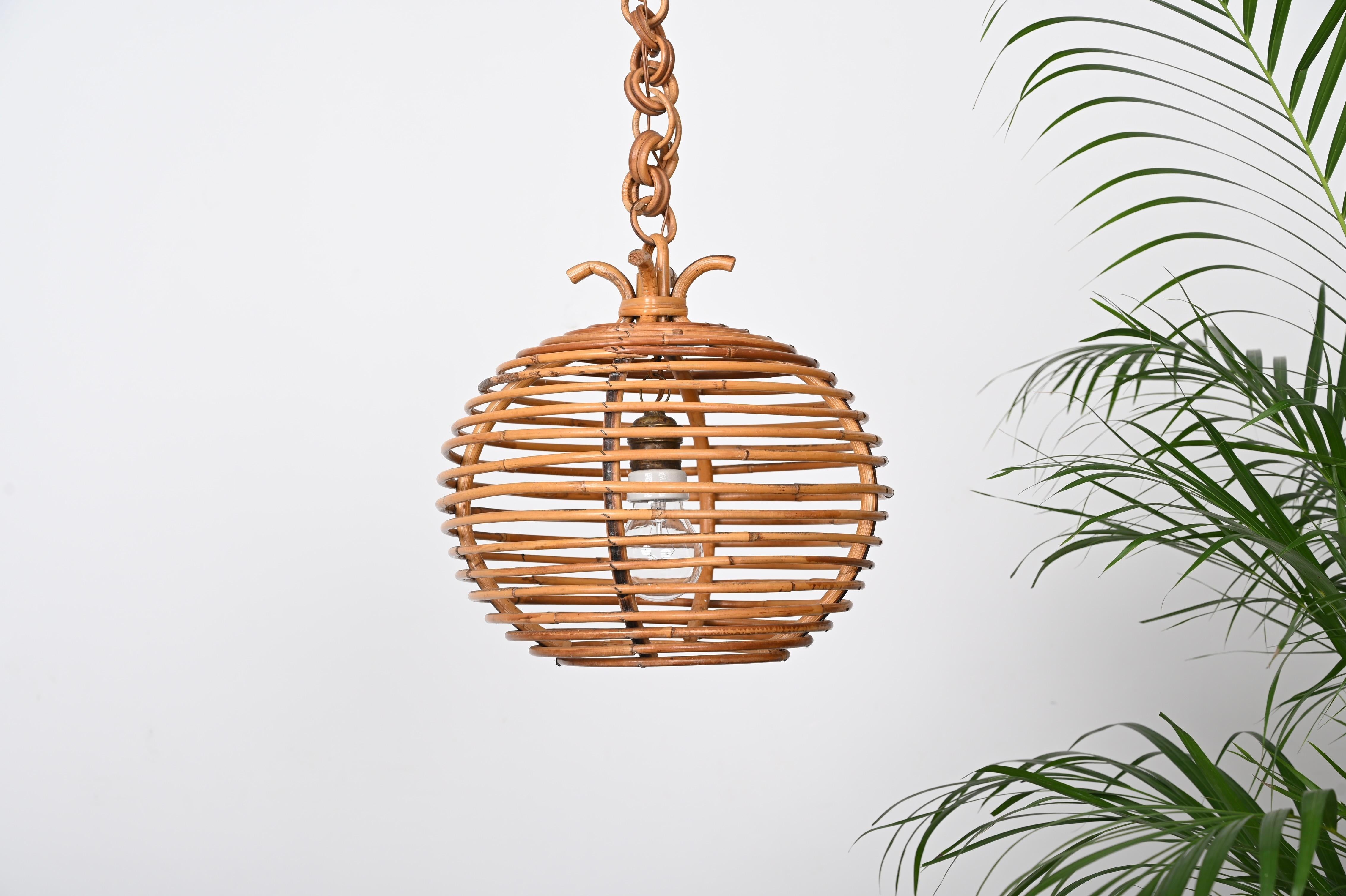 20th Century Midcentury French Riviera Bambo and Rattan Spherical Italian Chandelier, 1960s For Sale