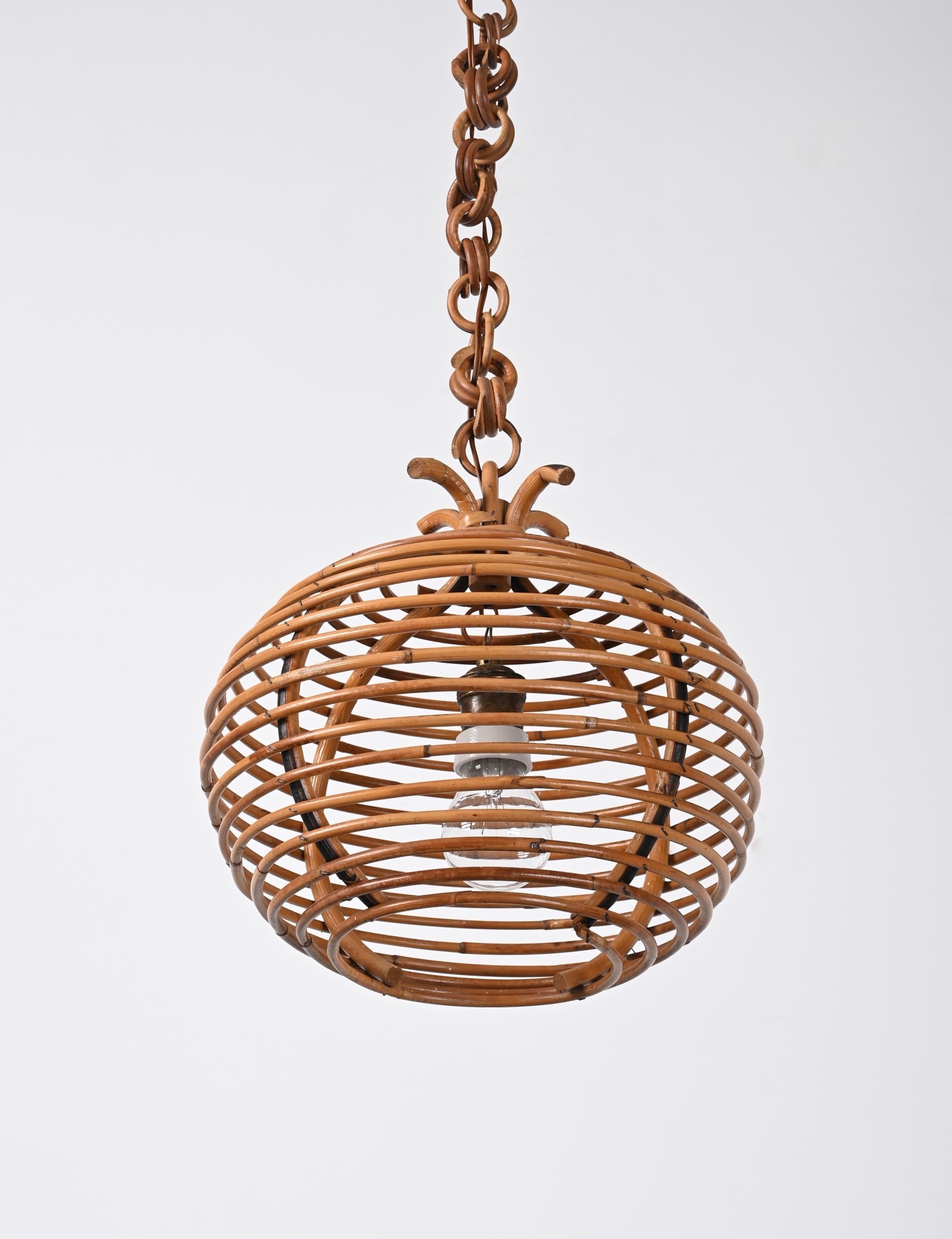 Bamboo Midcentury French Riviera Bambo and Rattan Spherical Italian Chandelier, 1960s For Sale