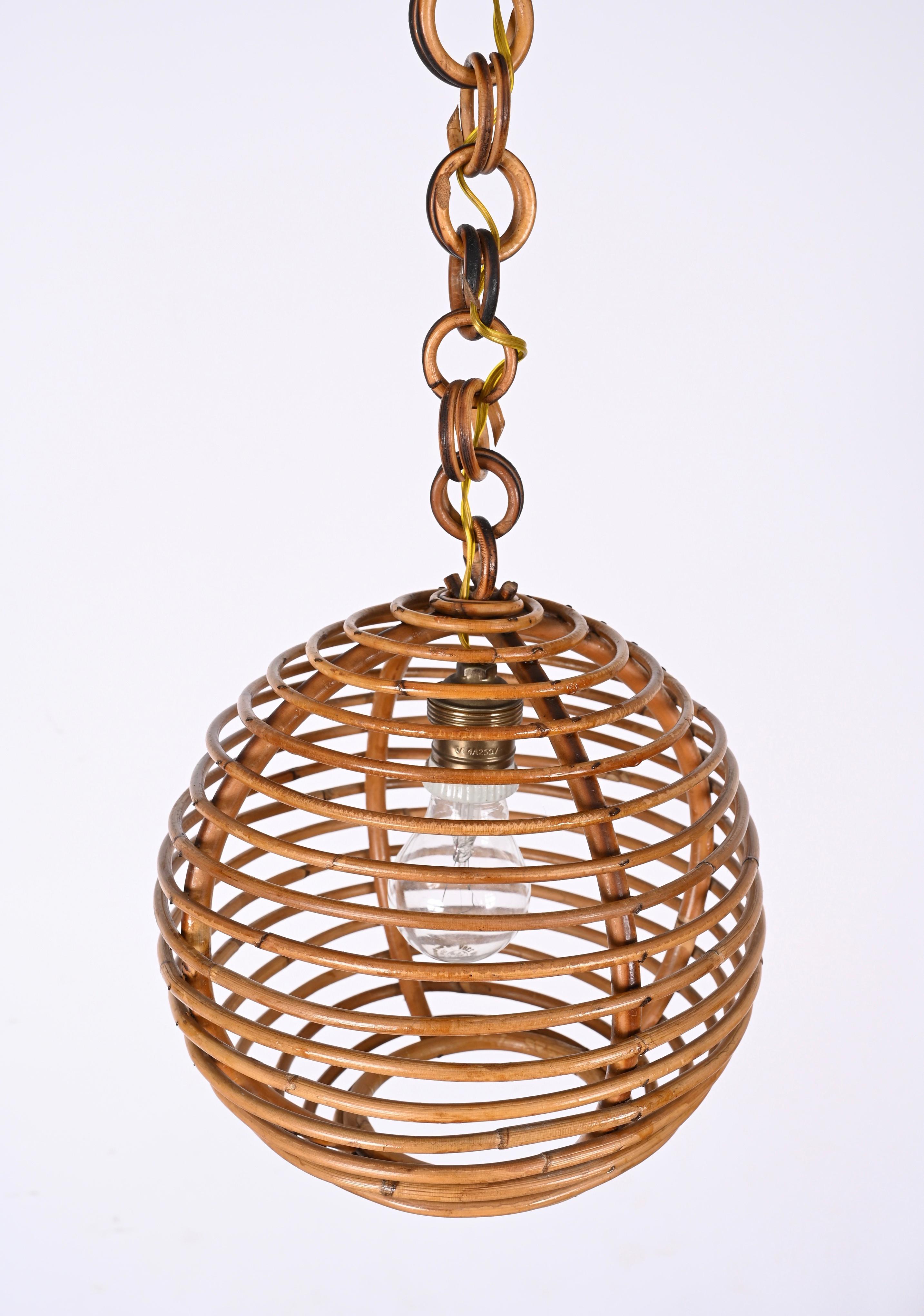 Midcentury French Riviera Bambo and Rattan Spherical Italian Chandelier, 1960s For Sale 1
