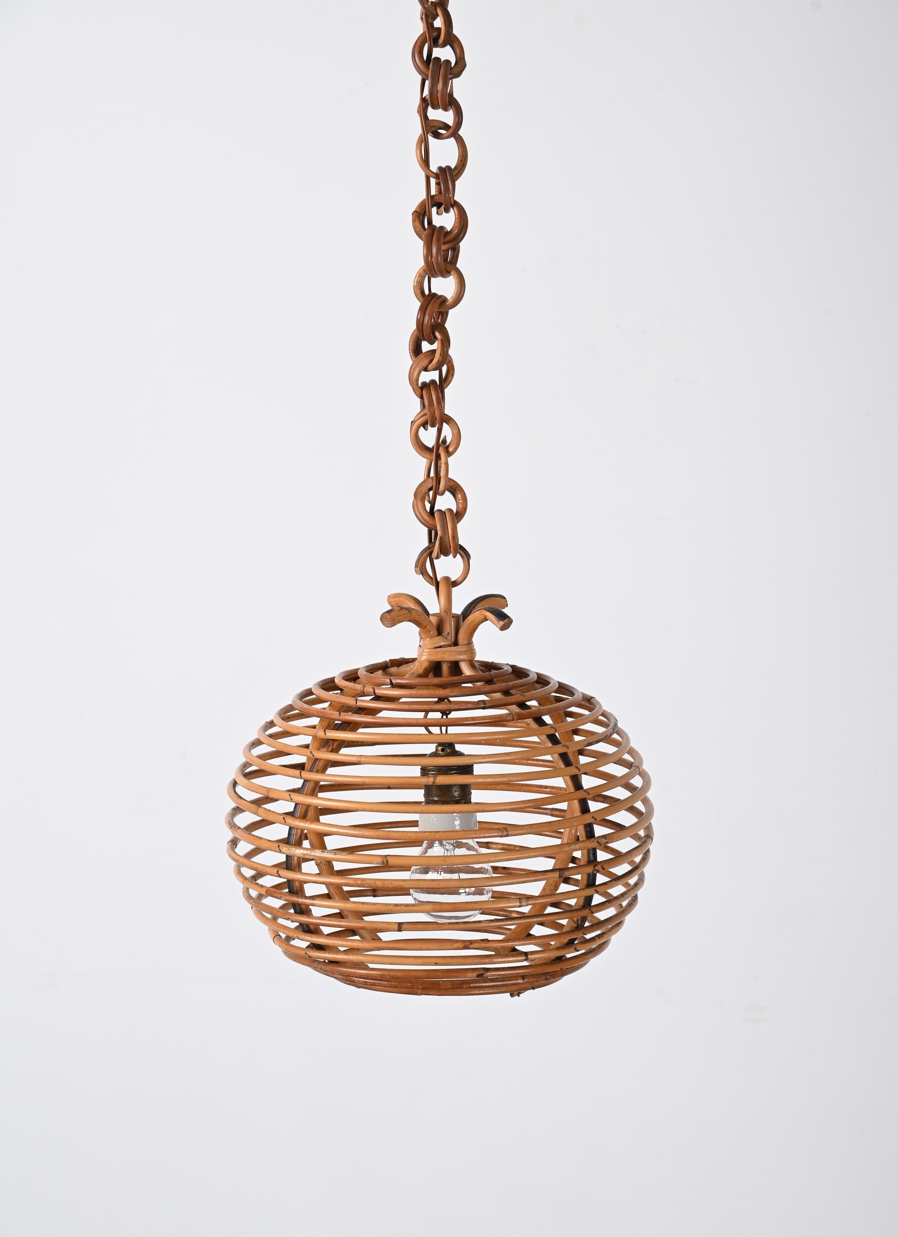 Midcentury French Riviera Bambo and Rattan Spherical Italian Chandelier, 1960s For Sale 1