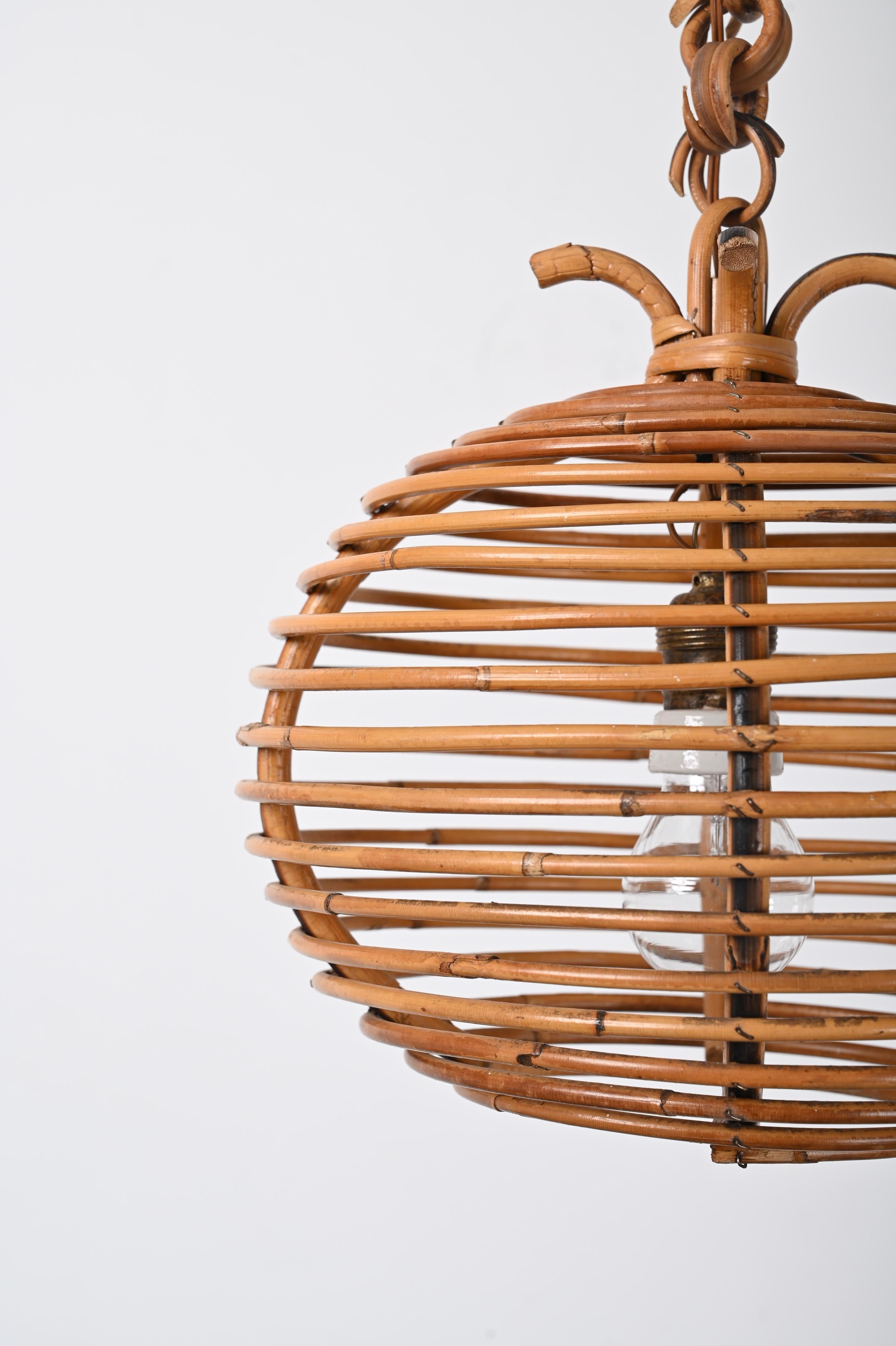 Midcentury French Riviera Bambo and Rattan Spherical Italian Chandelier, 1960s For Sale 2