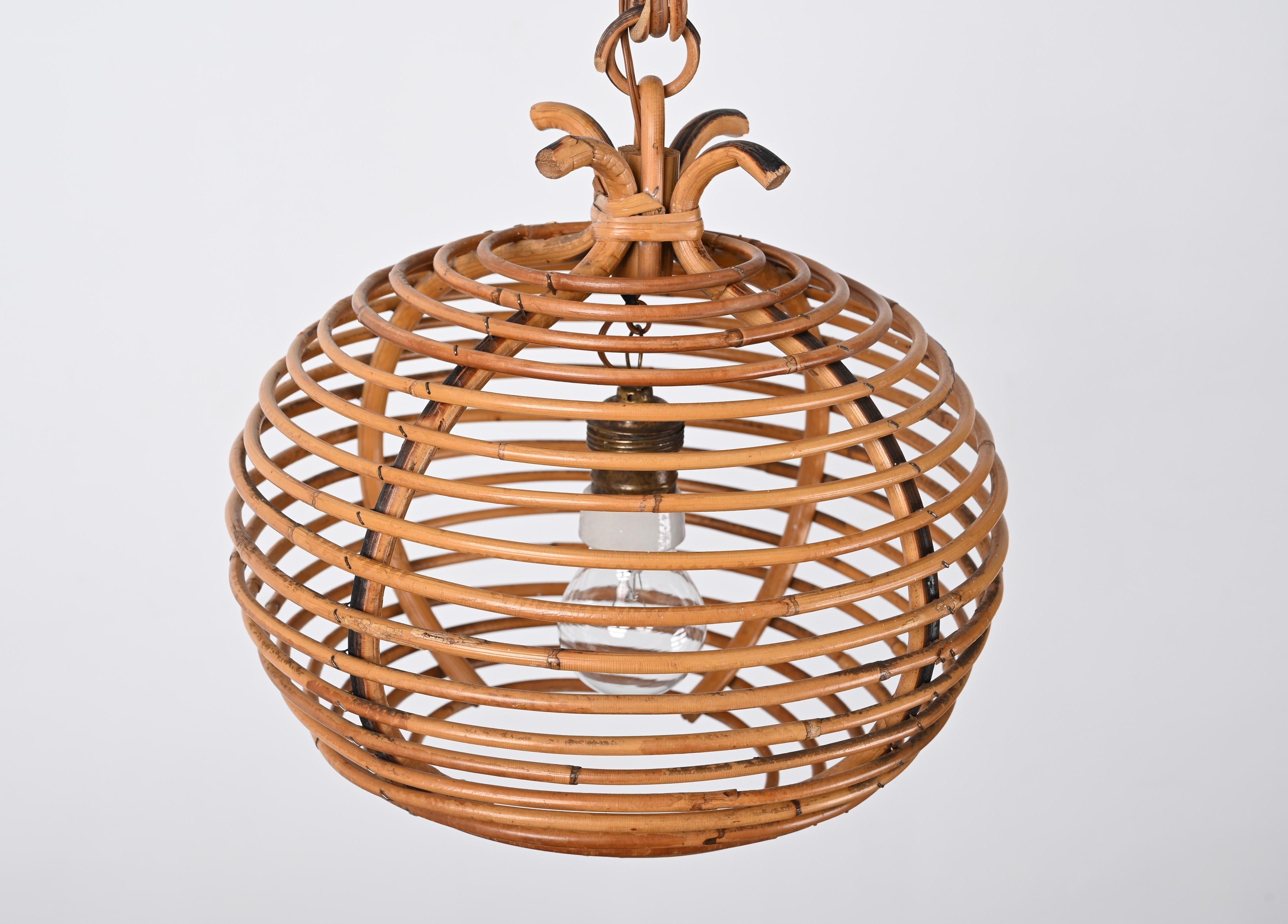 Midcentury French Riviera Bambo and Rattan Spherical Italian Chandelier, 1960s For Sale 3