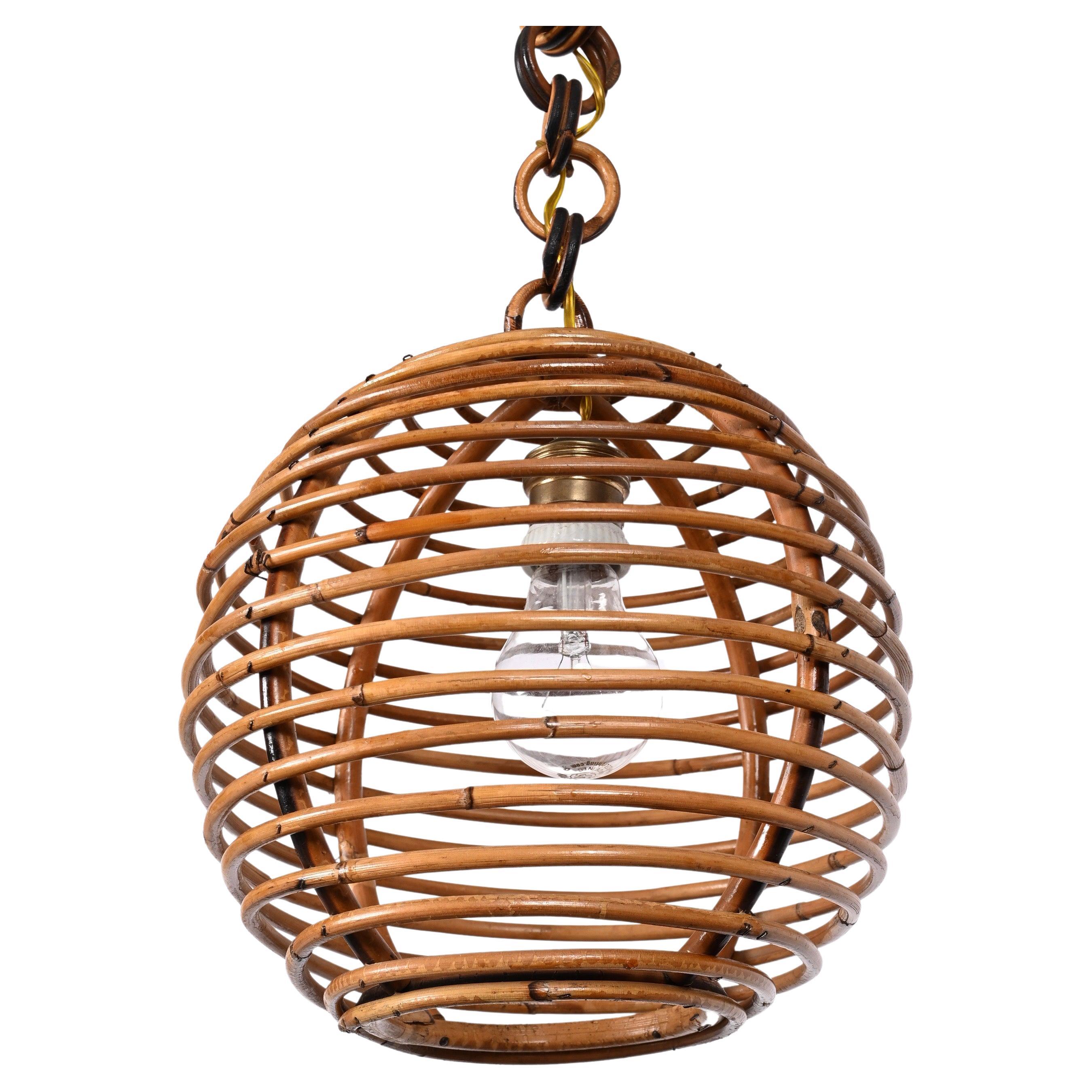 Midcentury French Riviera Bambo and Rattan Spherical Italian Chandelier, 1960s For Sale
