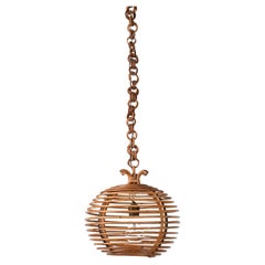 Retro Midcentury French Riviera Bambo and Rattan Spherical Italian Chandelier, 1960s