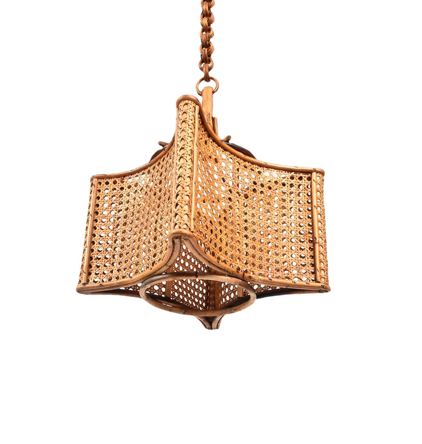 Midcentury French Riviera Bambo and Rattan Square Italian Chandelier, 1960s 4