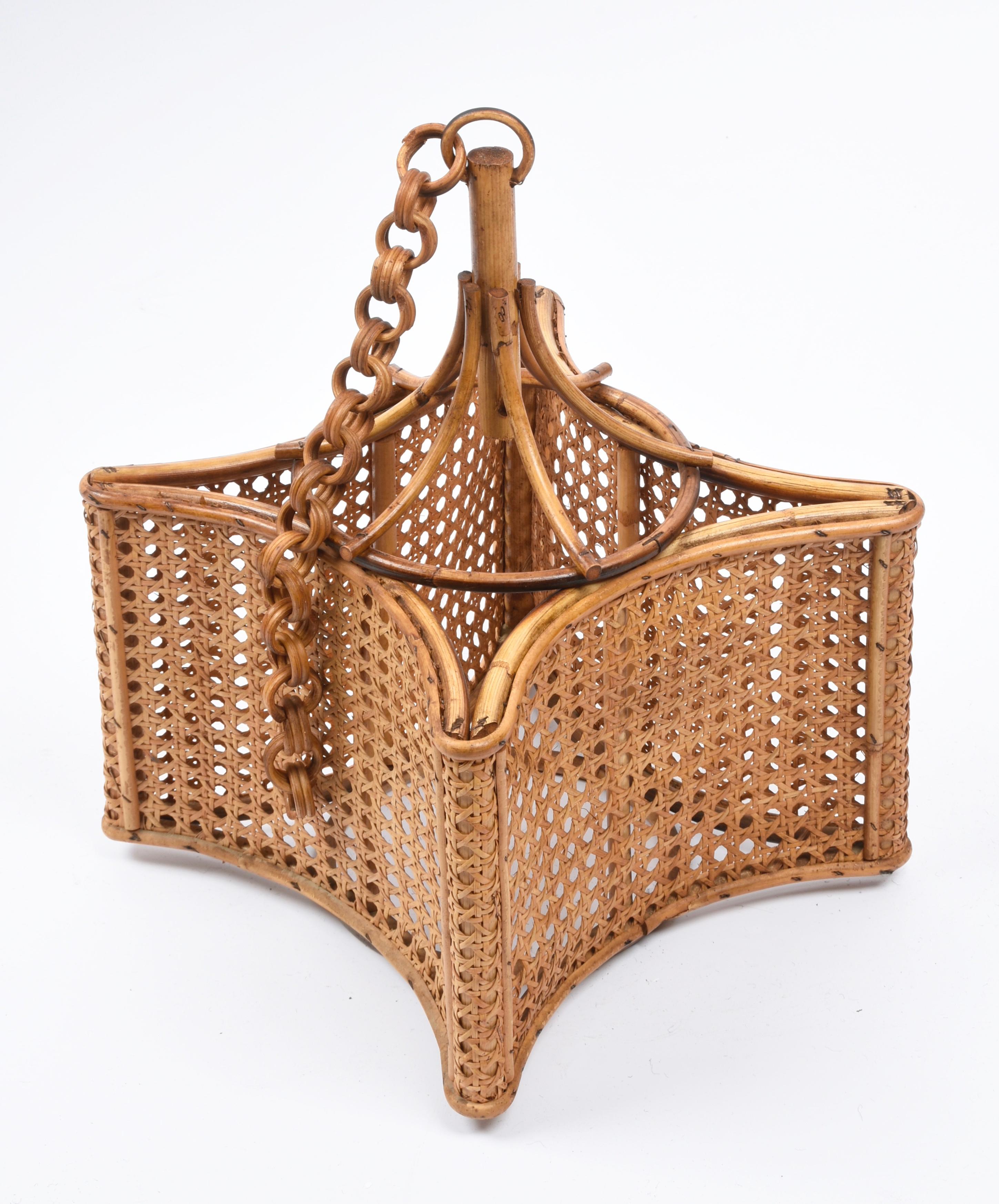 Midcentury French Riviera Bambo and Rattan Square Italian Chandelier, 1960s 8