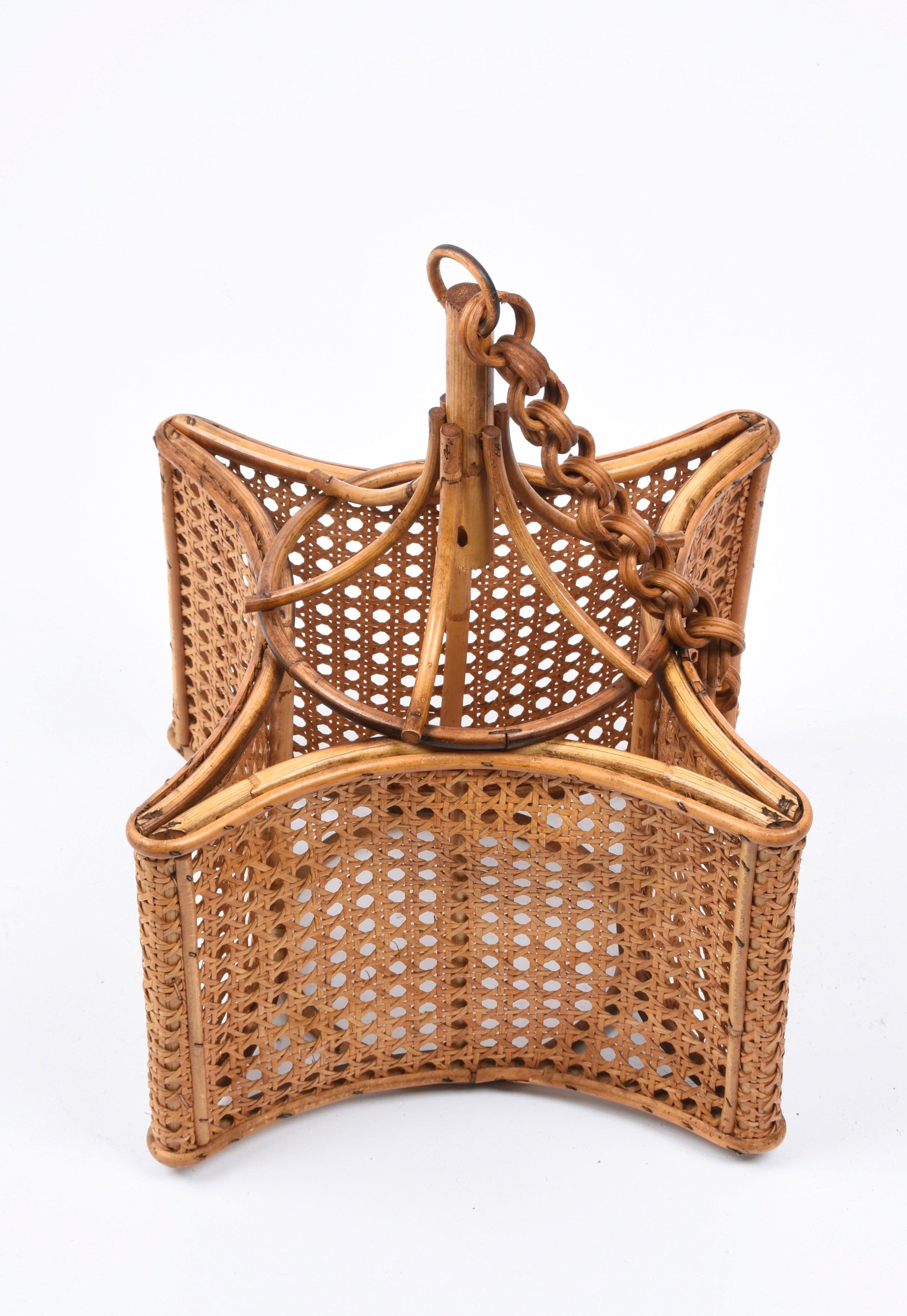 Midcentury French Riviera Bambo and Rattan Square Italian Chandelier, 1960s 9