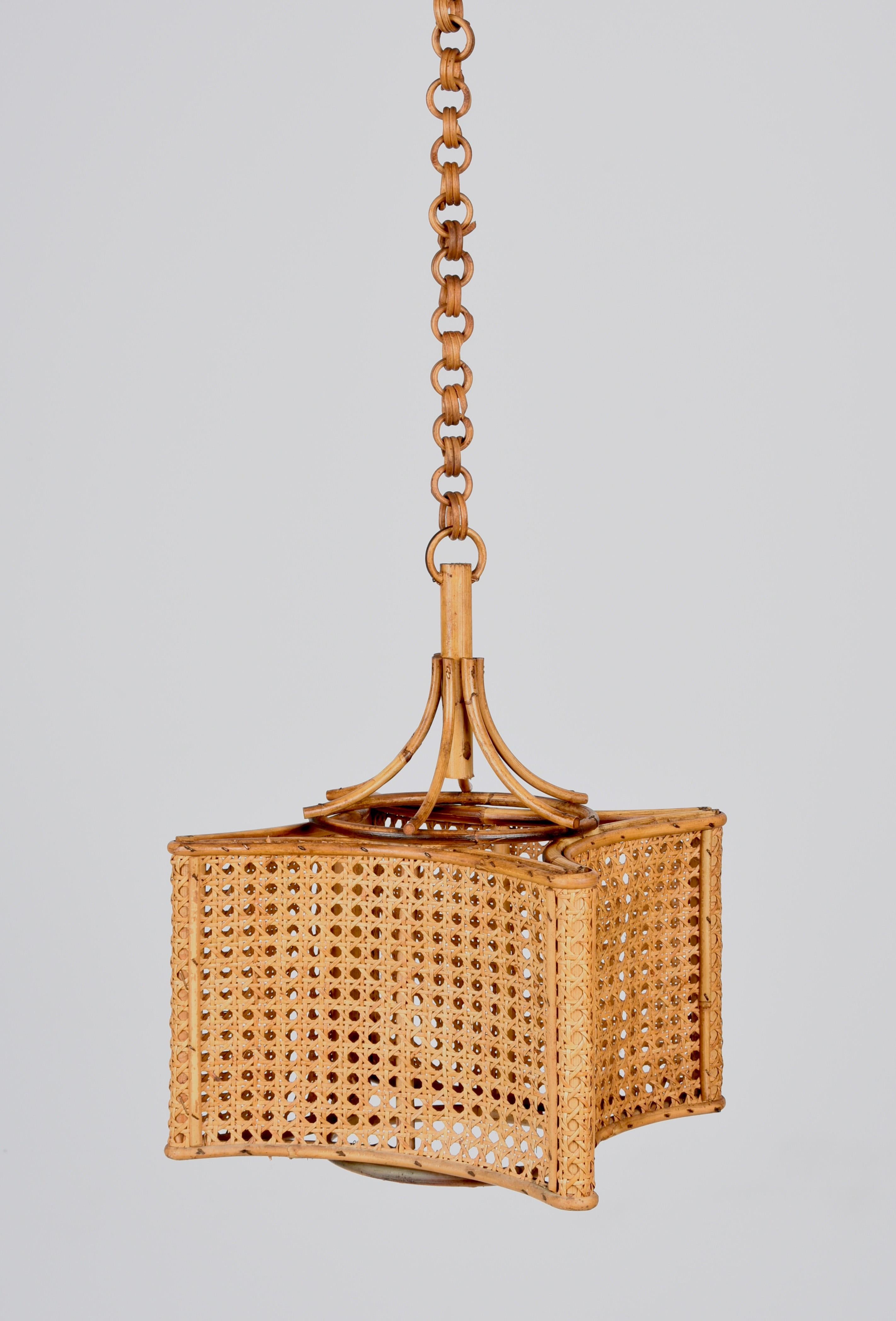 Mid-Century Modern Midcentury French Riviera Bambo and Rattan Square Italian Chandelier, 1960s