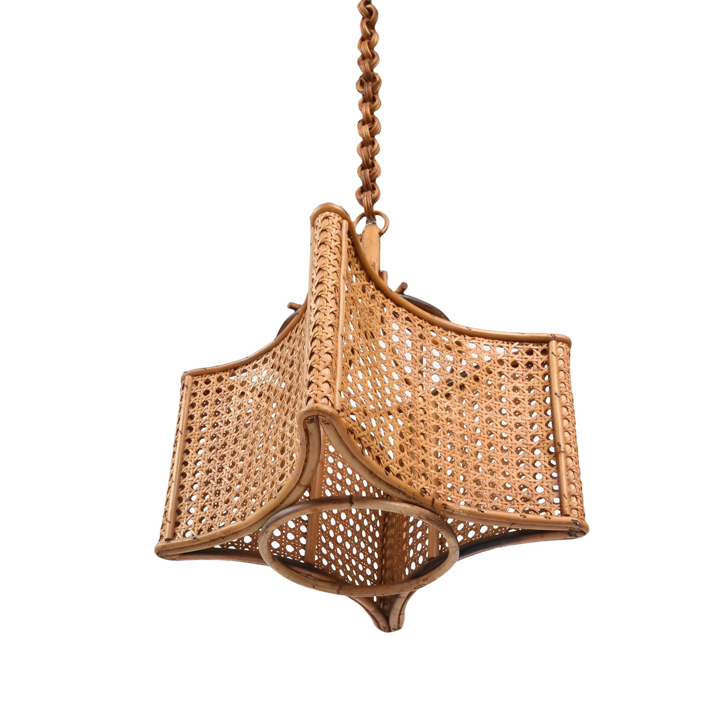 Midcentury French Riviera Bambo and Rattan Square Italian Chandelier, 1960s In Good Condition In Roma, IT