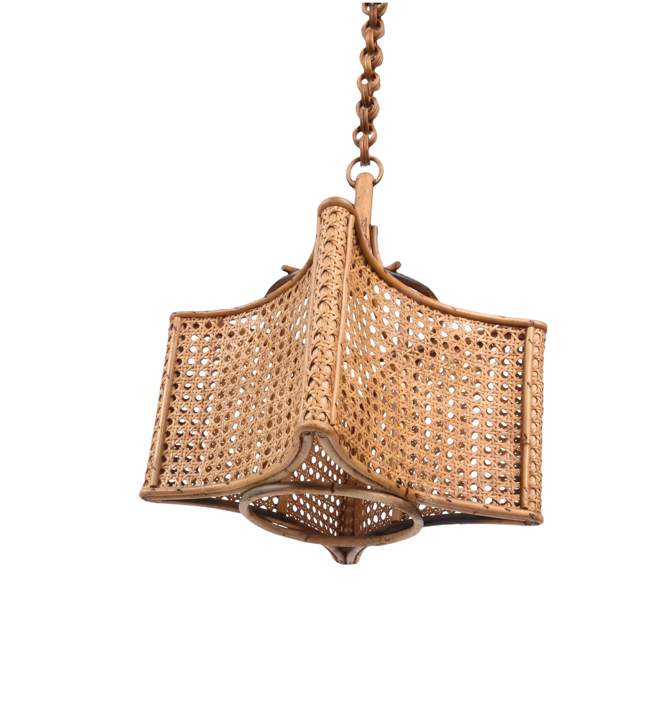20th Century Midcentury French Riviera Bambo and Rattan Square Italian Chandelier, 1960s