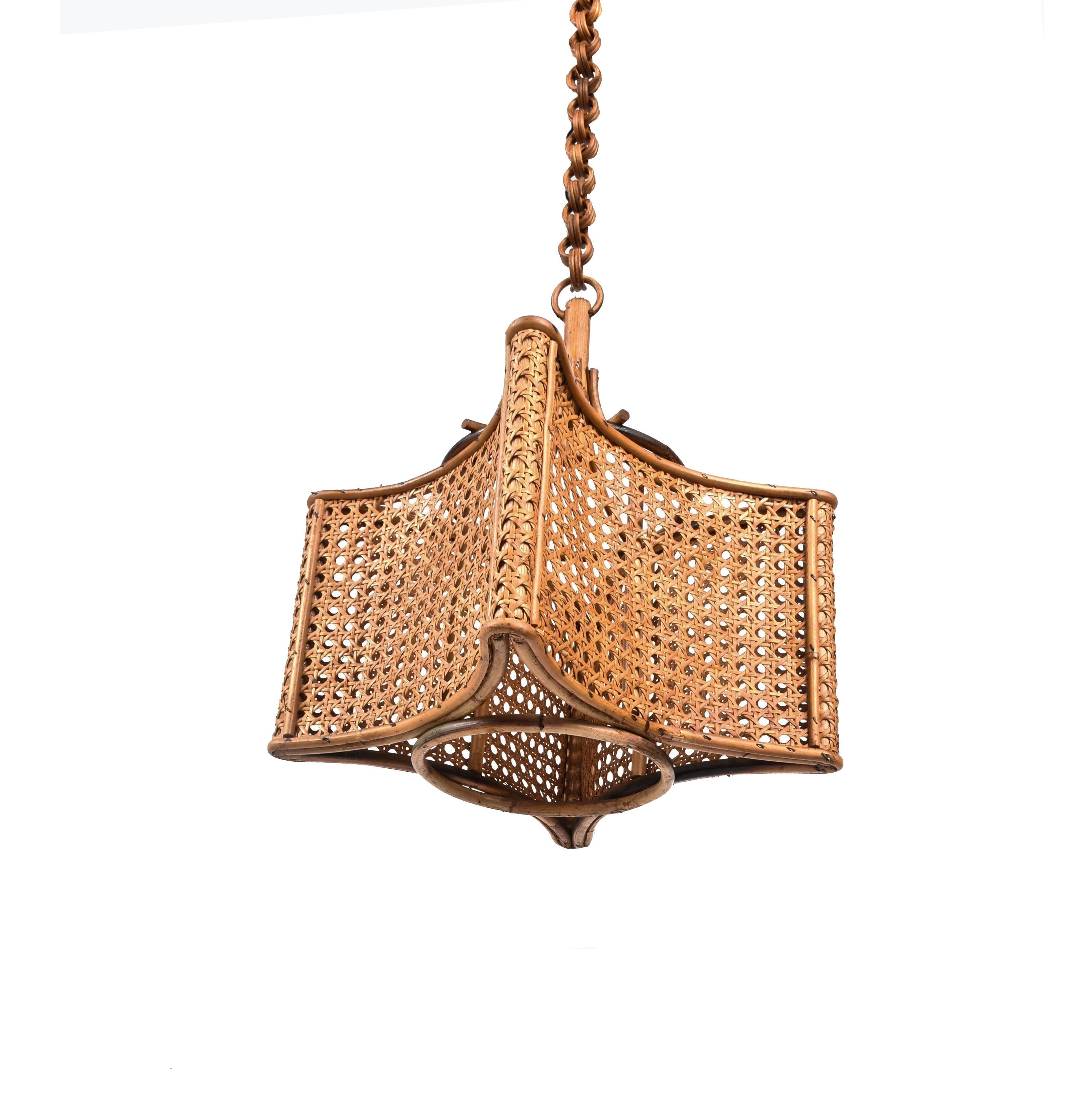Wicker Midcentury French Riviera Bambo and Rattan Square Italian Chandelier, 1960s