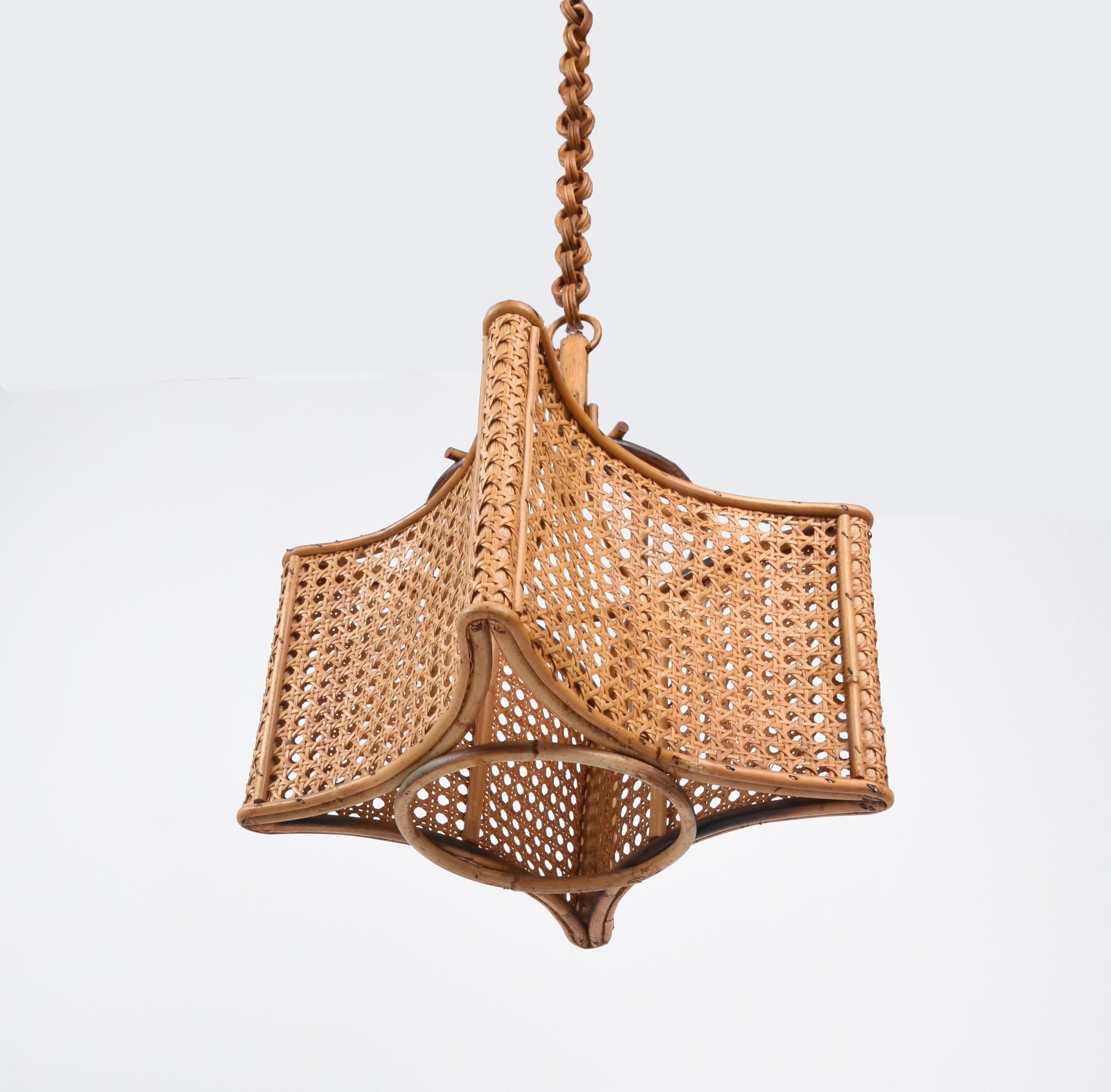 Midcentury French Riviera Bambo and Rattan Square Italian Chandelier, 1960s 2