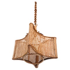 Midcentury French Riviera Bambo and Rattan Square Italian Chandelier, 1960s