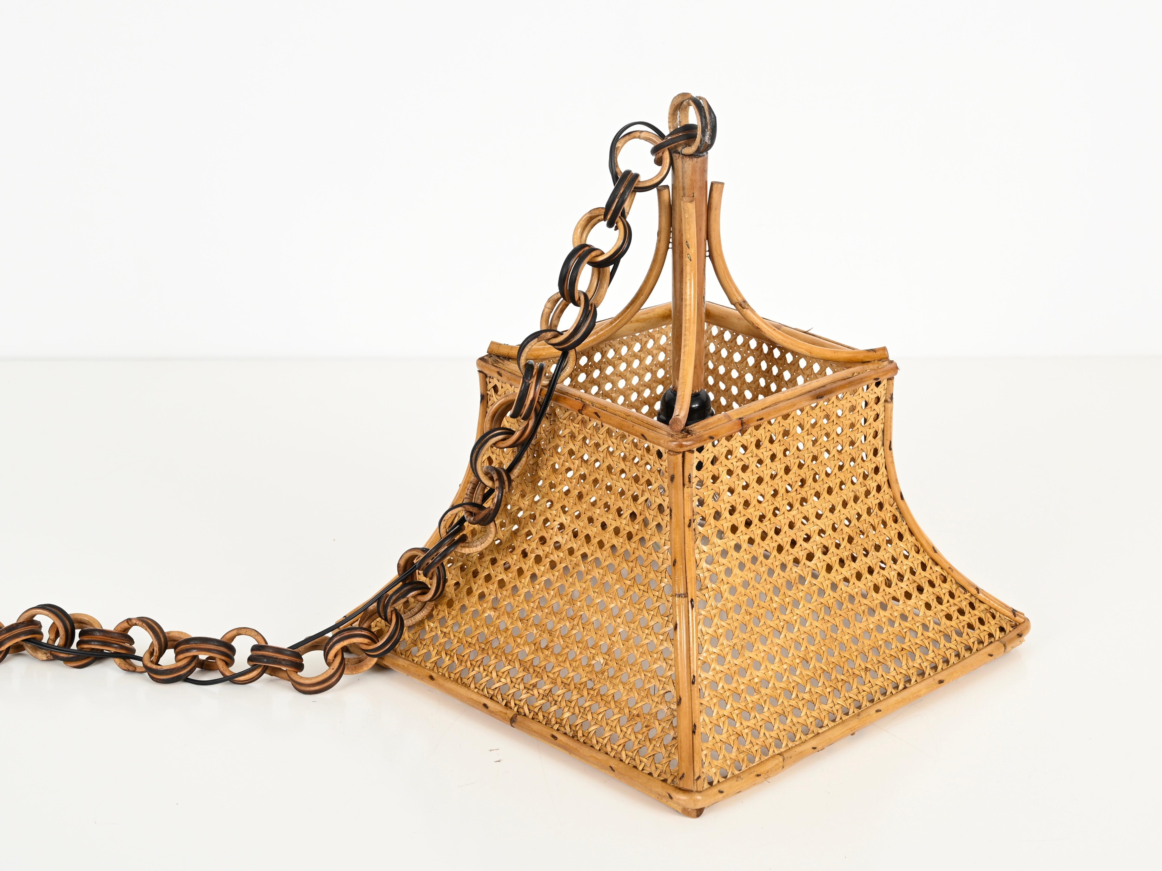 Midcentury French Riviera Bambo, Rattan and Straw Italian Chandelier, 1960s For Sale 5