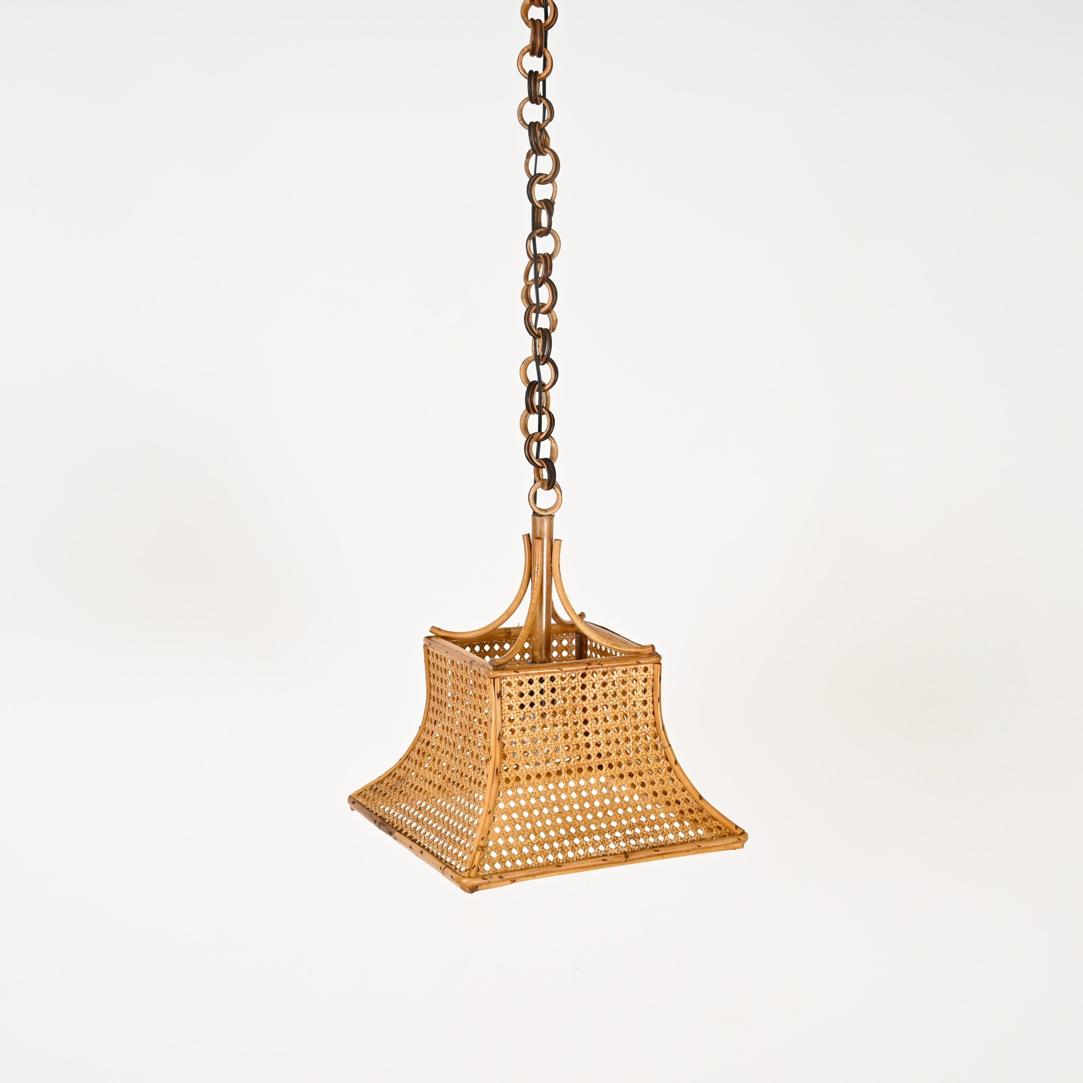 Midcentury French Riviera Bambo, Rattan and Straw Italian Chandelier, 1960s For Sale 2