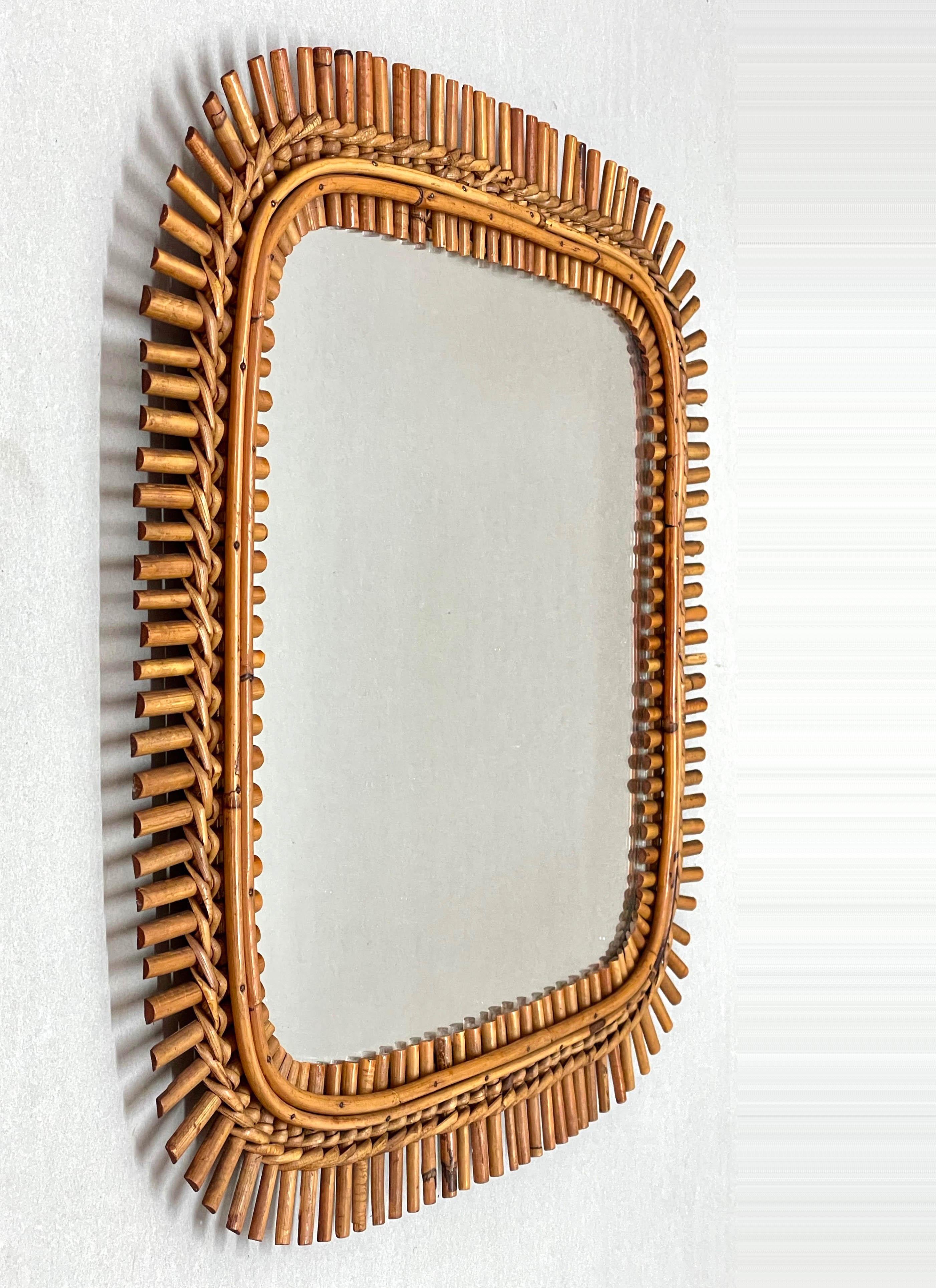 Mid-Century Modern Midcentury French Riviera Bamboo and Rattan Frame Square Wall Mirror, 1960s