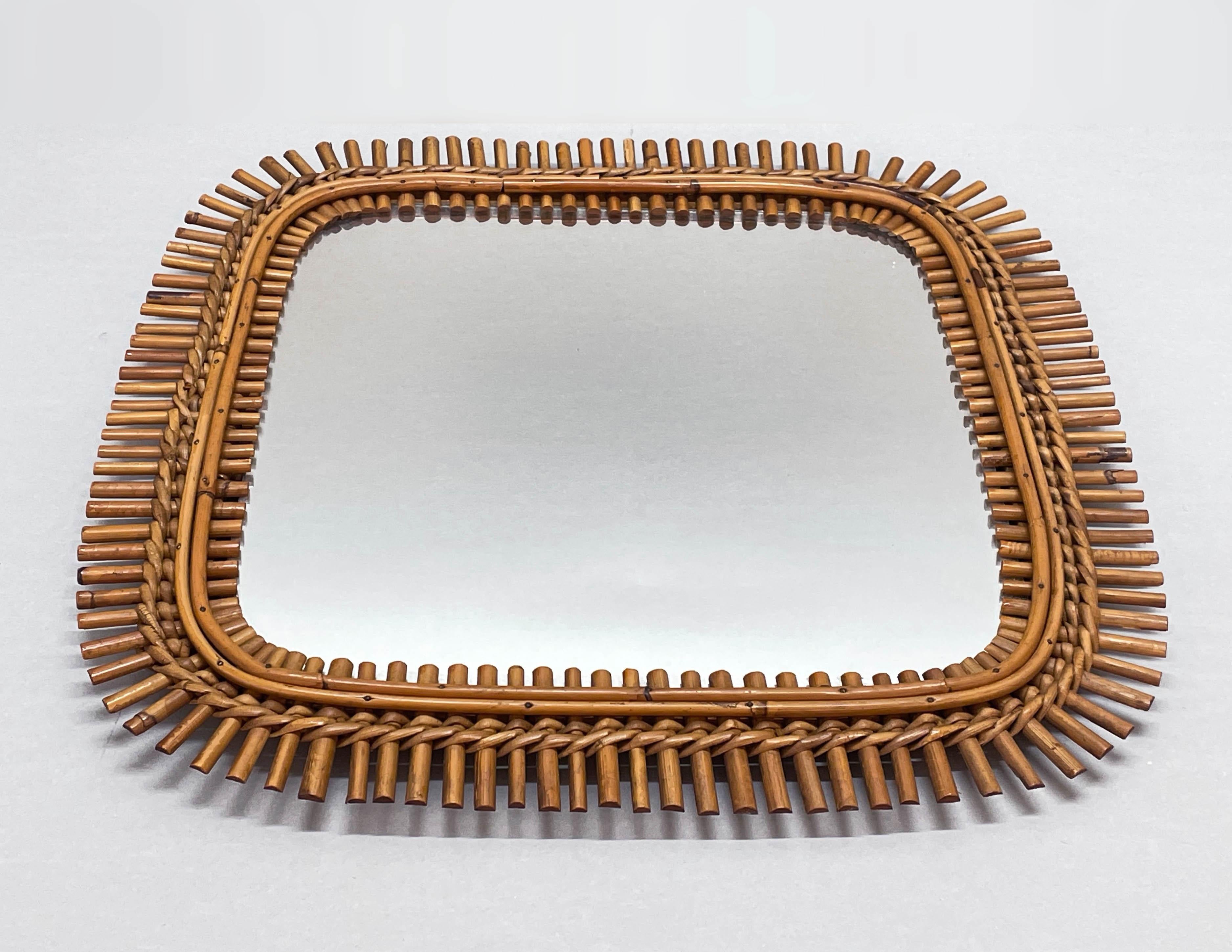 Midcentury French Riviera Bamboo and Rattan Frame Square Wall Mirror, 1960s 2