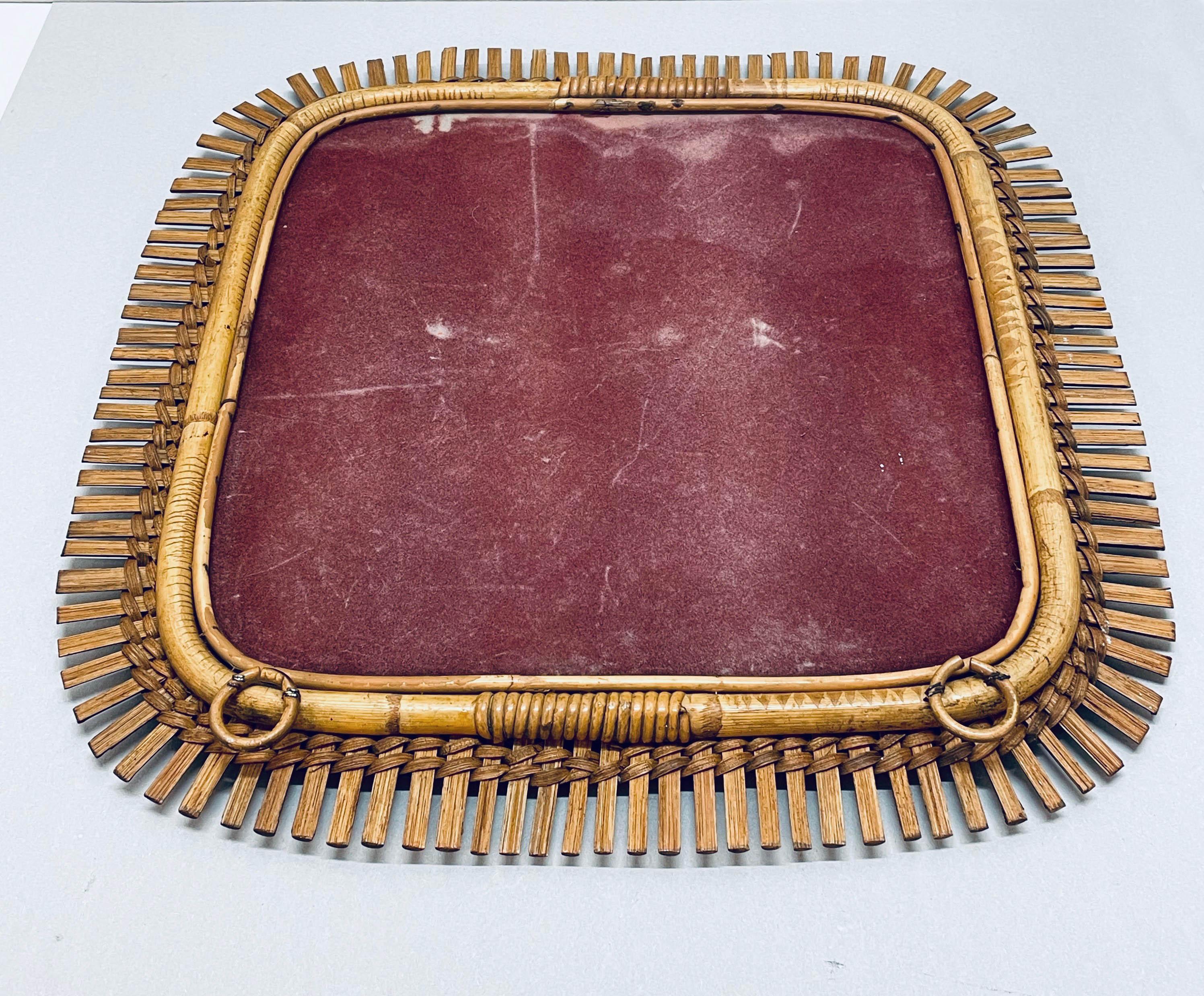 Midcentury French Riviera Bamboo and Rattan Frame Square Wall Mirror, 1960s 3