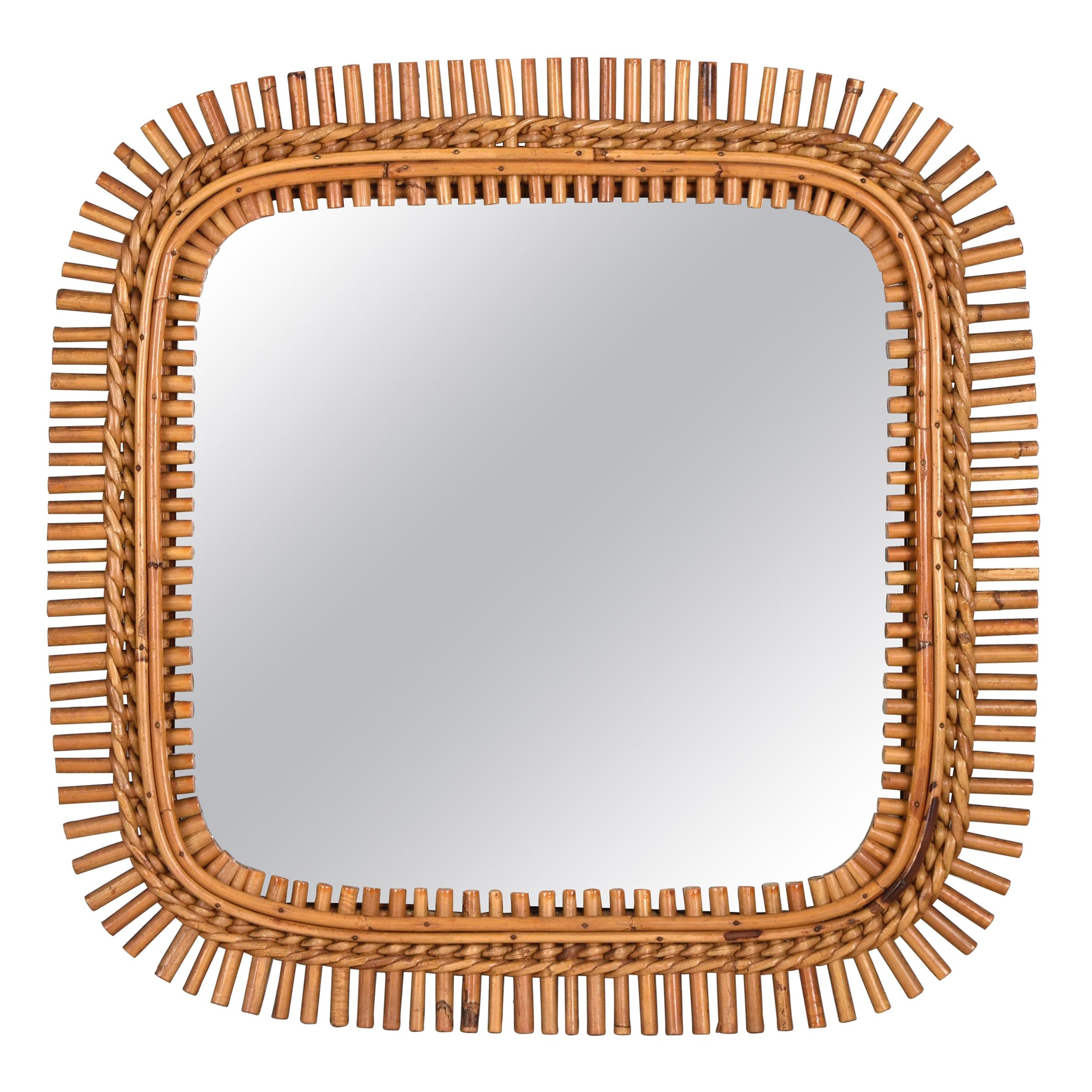 Midcentury French Riviera Bamboo and Rattan Frame Square Wall Mirror, 1960s