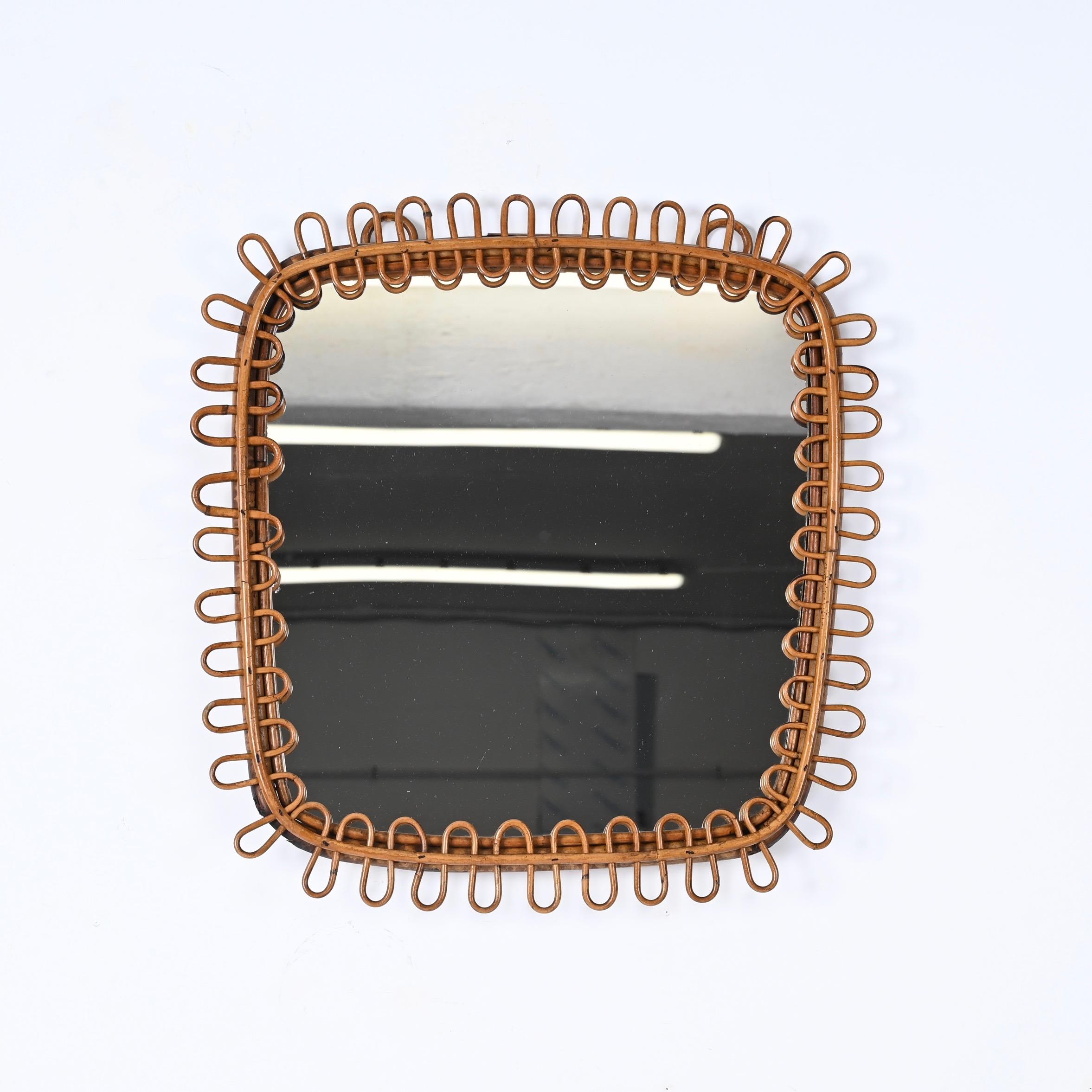 French Riviera Bamboo and Rattan Square Wall Mirror, Italy 1960s 4