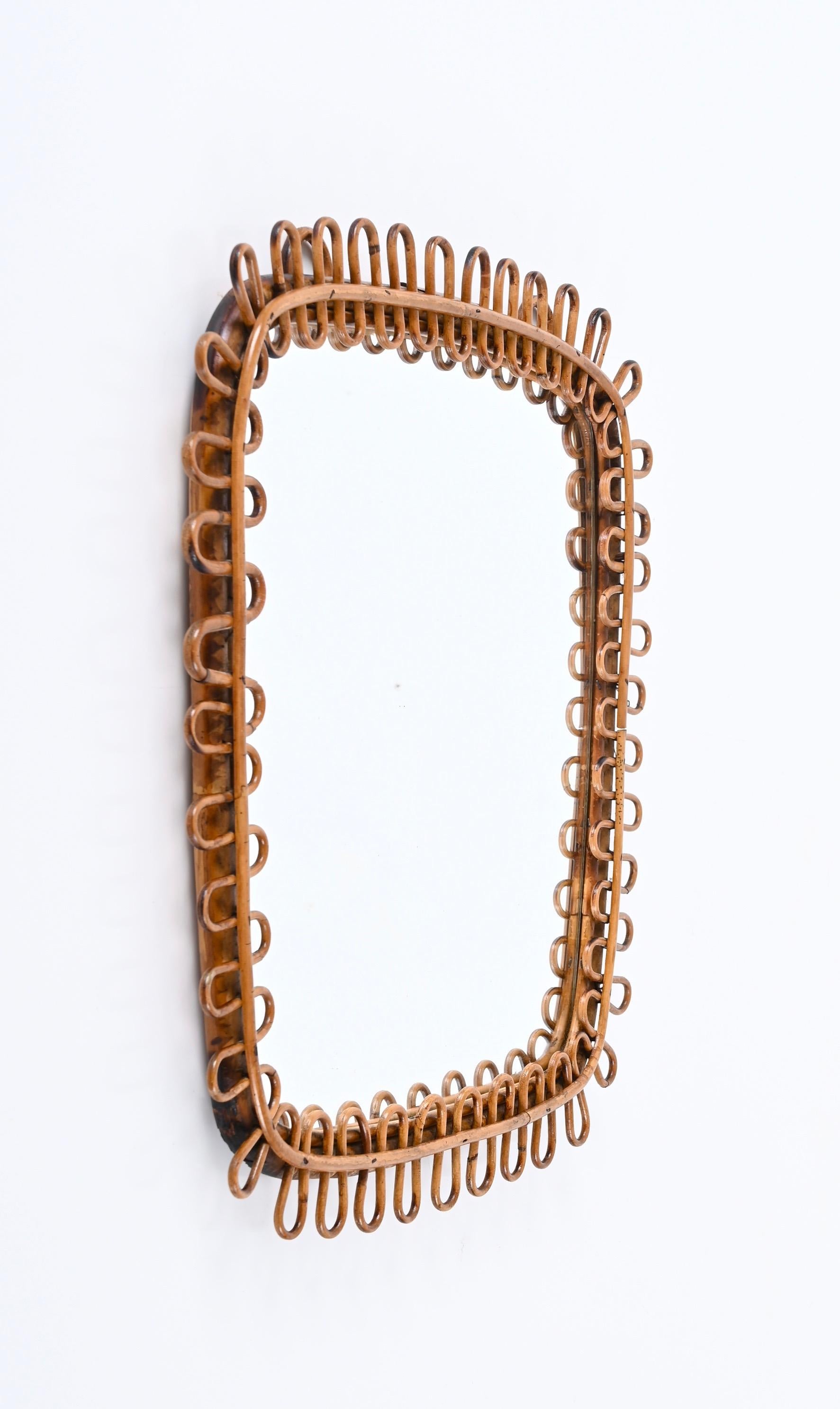 Italian French Riviera Bamboo and Rattan Square Wall Mirror, Italy 1960s