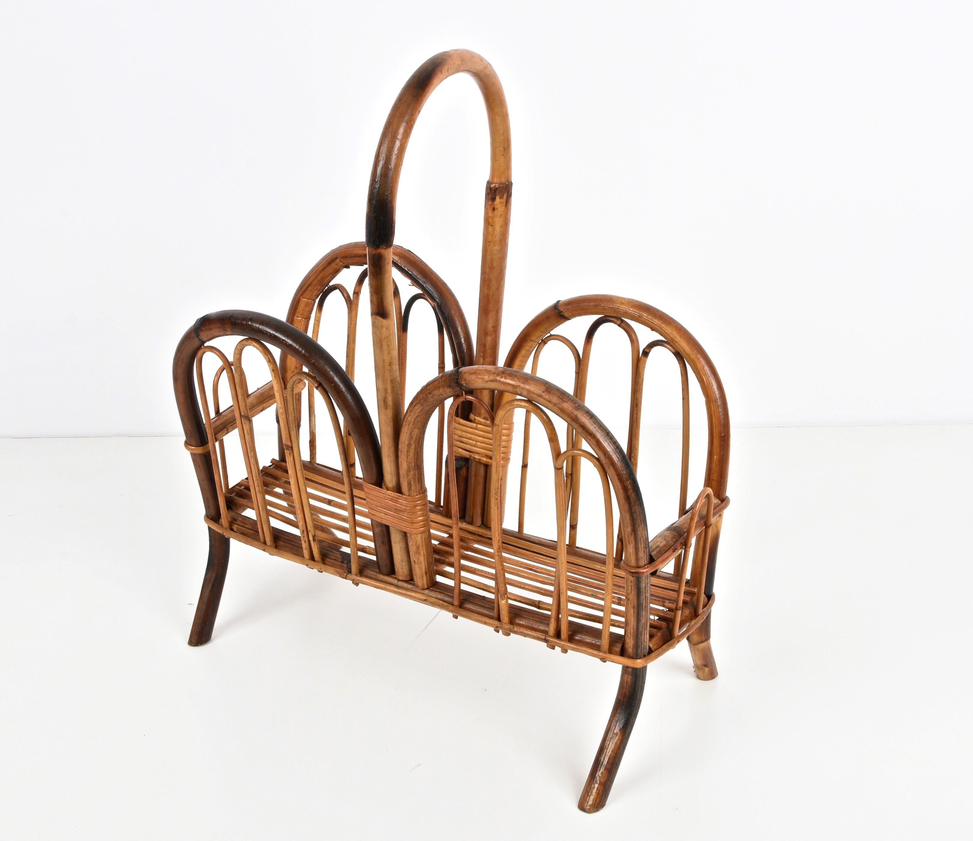 Midcentury French Riviera Bamboo and Rattan Italian Magazine Rack, 1960s For Sale 5