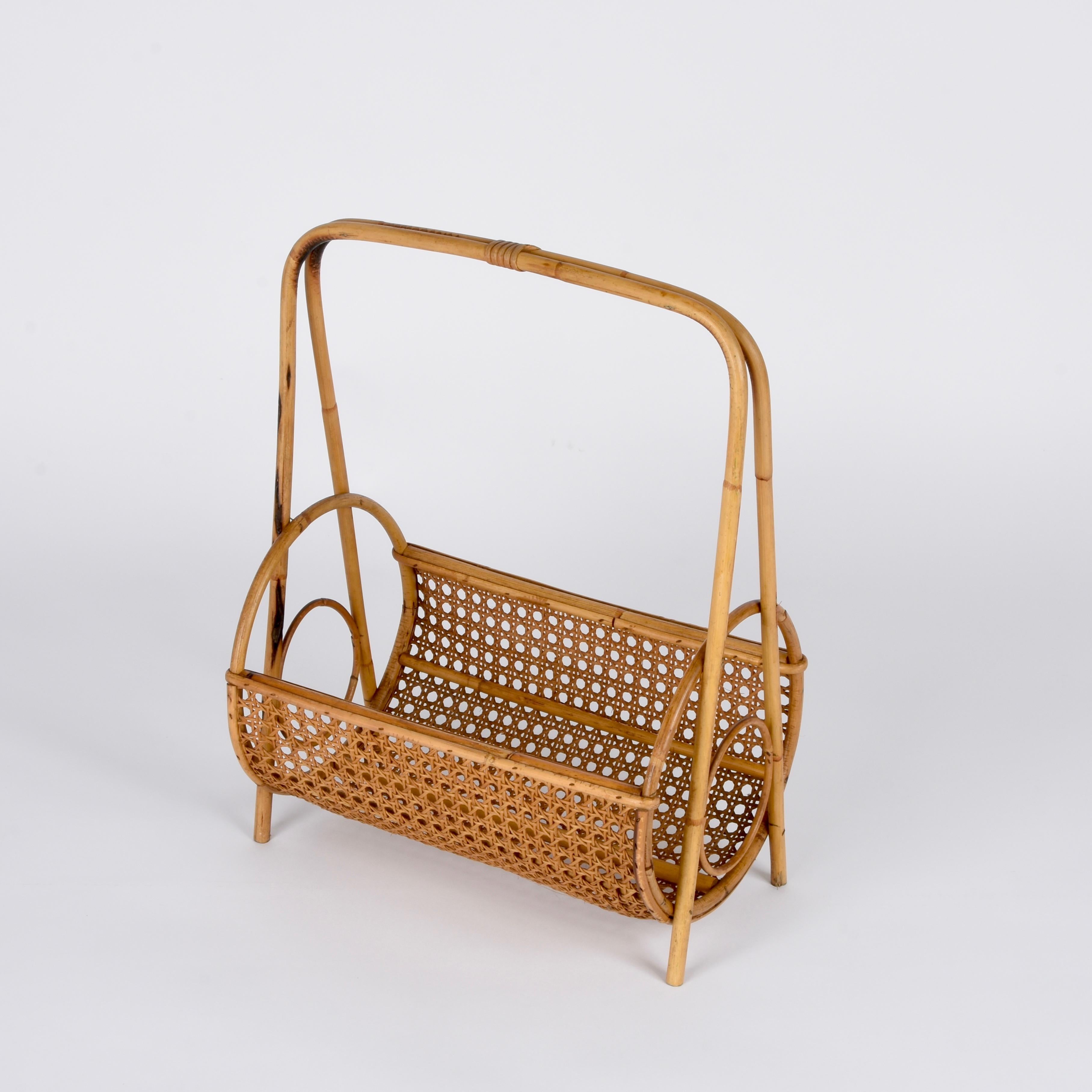 Midcentury French Riviera Bamboo and Rattan Italian Magazine Rack, 1960s For Sale 5