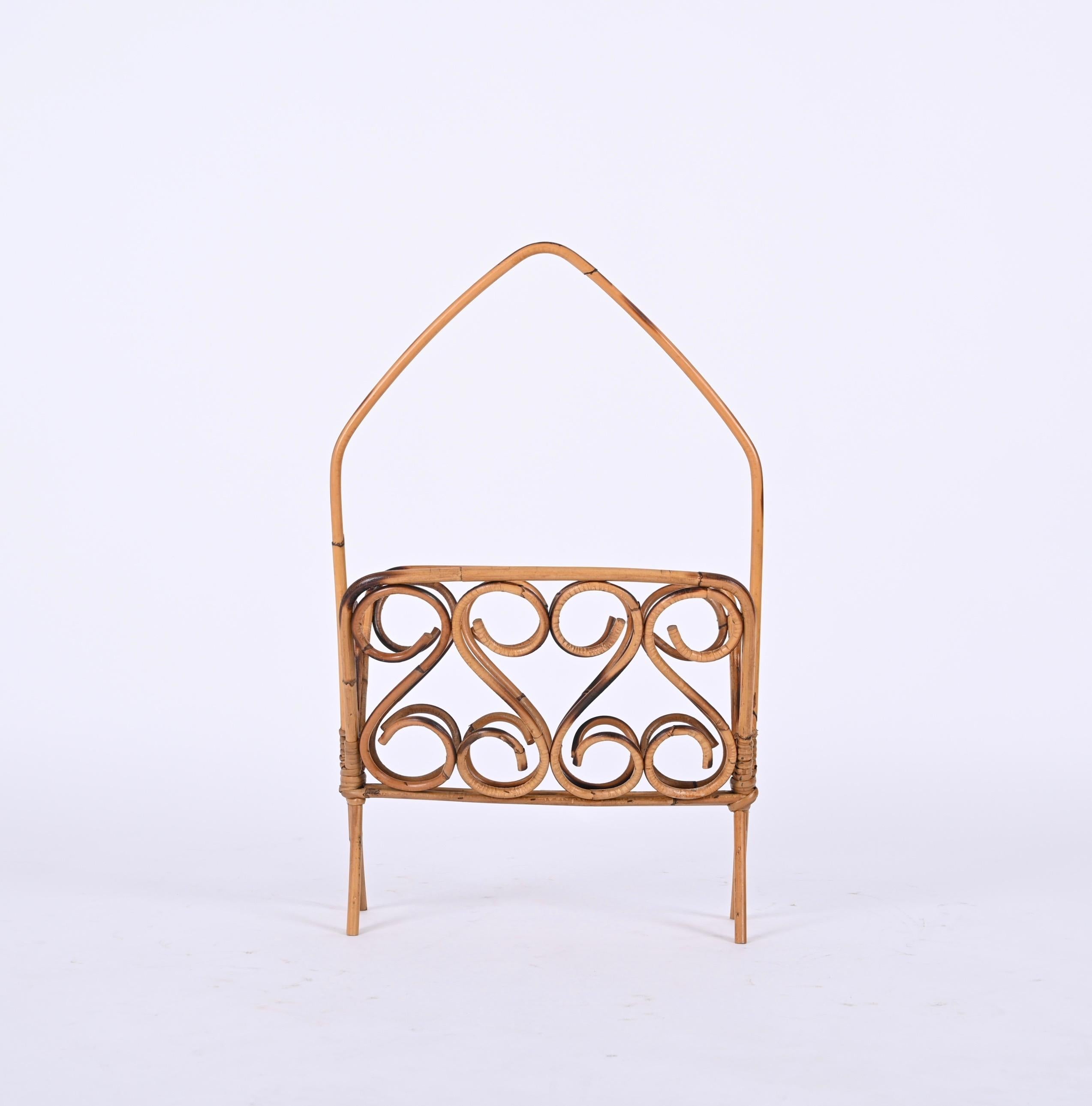 Midcentury French Riviera Bamboo and Rattan Italian Magazine Rack, 1960s For Sale 5